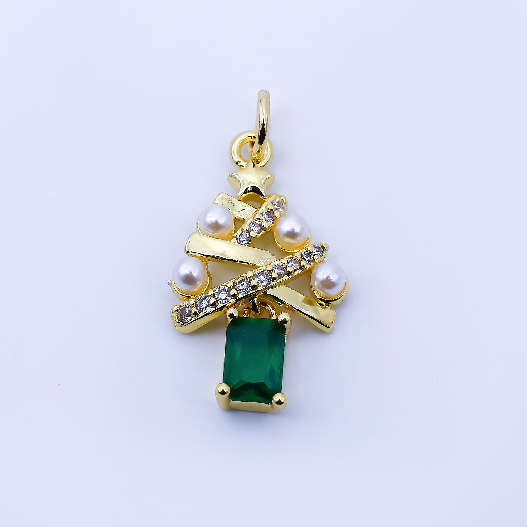 24K Gold Filled Green Baguette CZ Micro Paved Shell Pearl Christmas Tree Charm in Gold & Silver | C940
