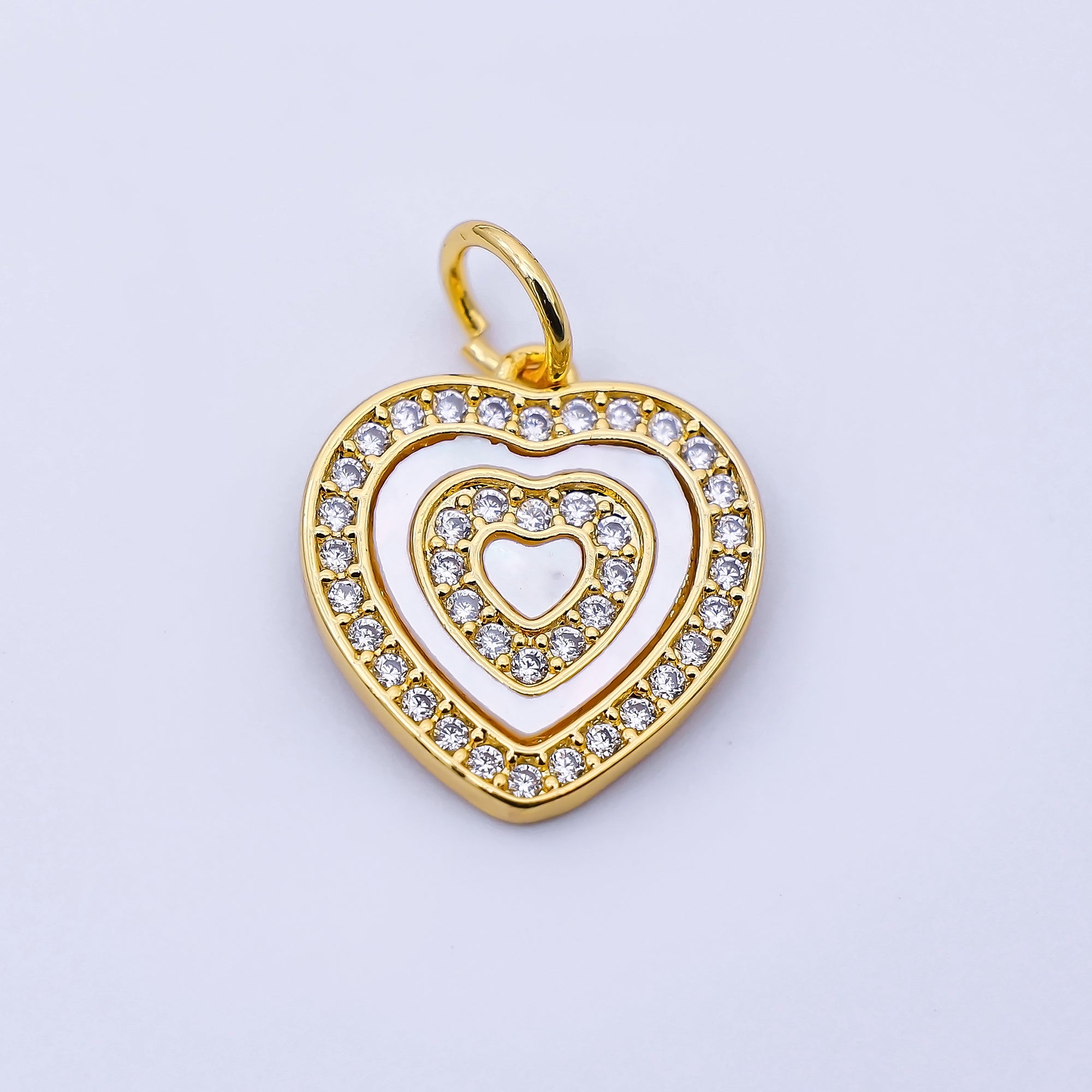 24K Gold Filled 16mm Shell Pearl Micro Paved CZ Heart Charm | C969