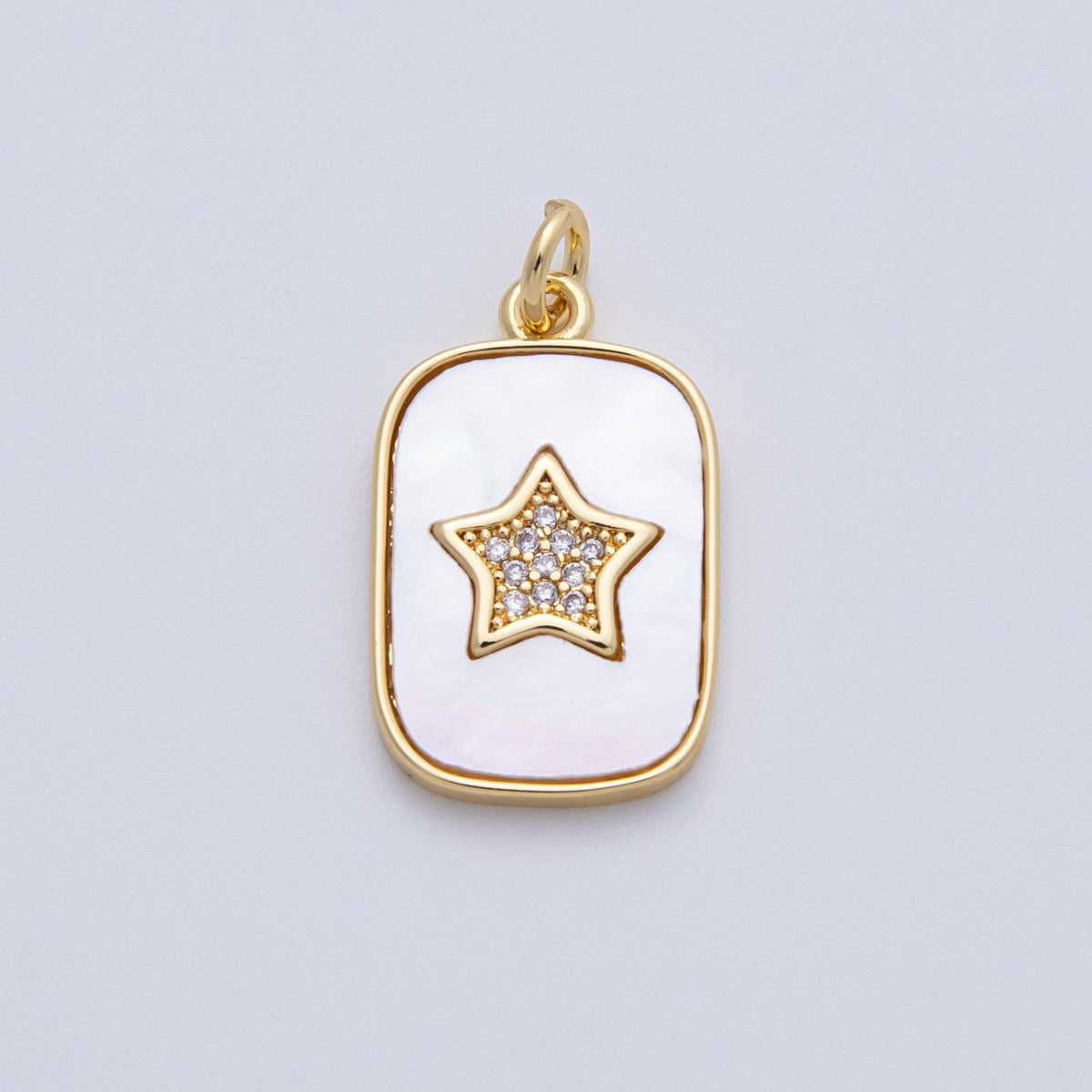 14K Gold Filled 21mm Micro Paved CZ Star Shell Pearl Rectangle Charm | C977