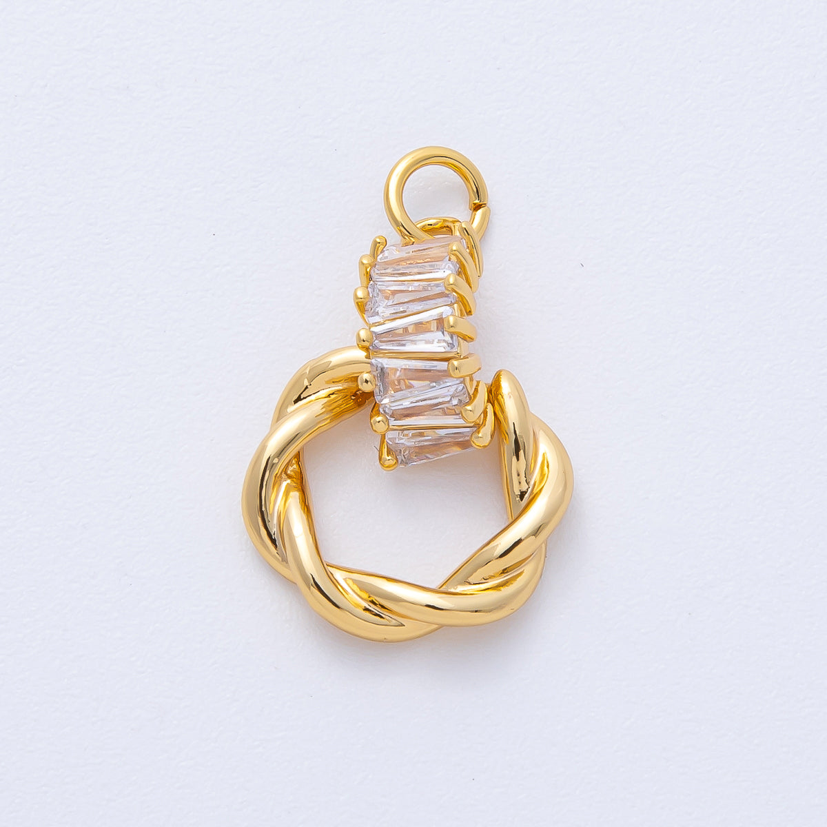 18K Gold Filled 20mm Clear Baguette CZ Twisted Round Drop Charm | Charms-00049