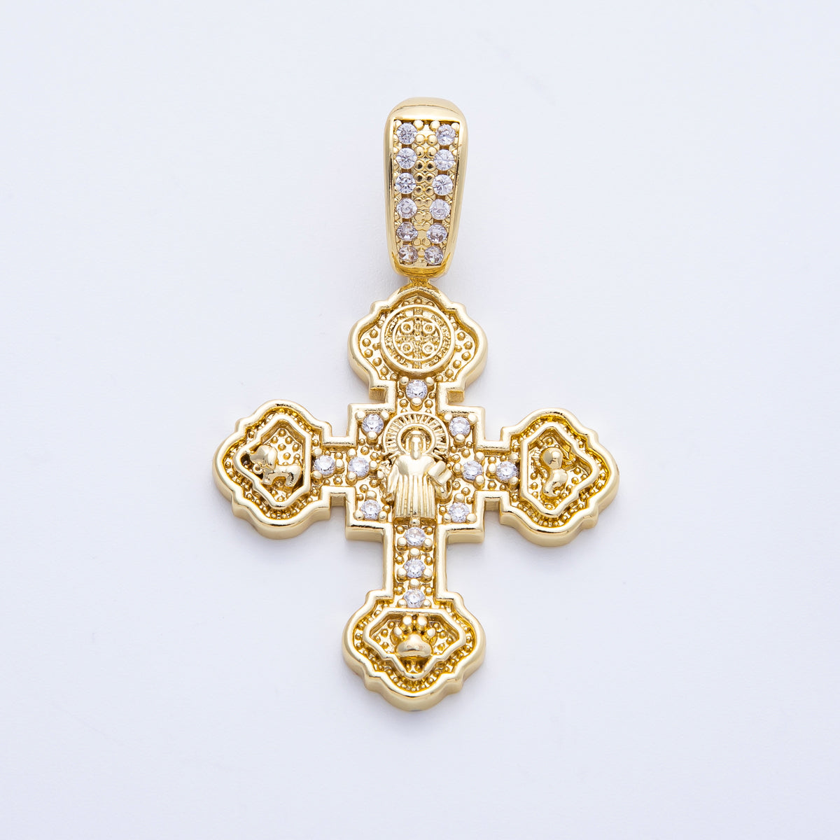 14K Gold Filled 45.5mm Micro Paved CZ Saint Benedict Medal Cross Pendant | Charms-00069