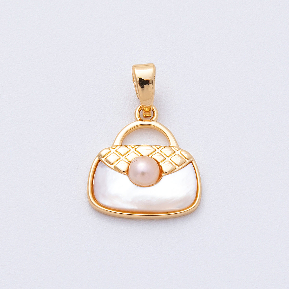 18K Gold Filled 14mm Pink Shell Pearl Quilted Top Handle Bag Pendant | Charms-00101