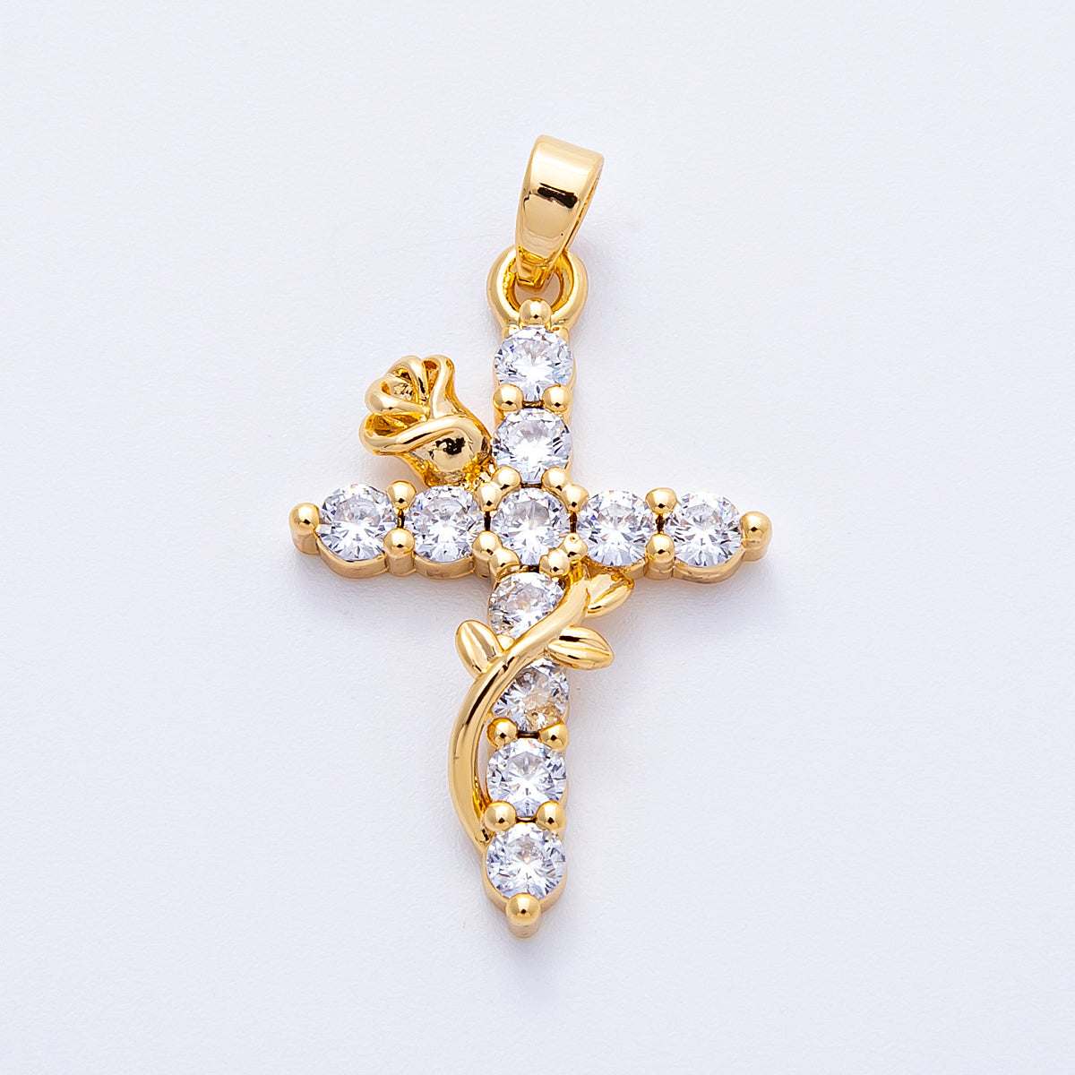 18K Gold Filled 28mm Clear CZ Religious Cross Rose Flower Pendant | Charms-00111