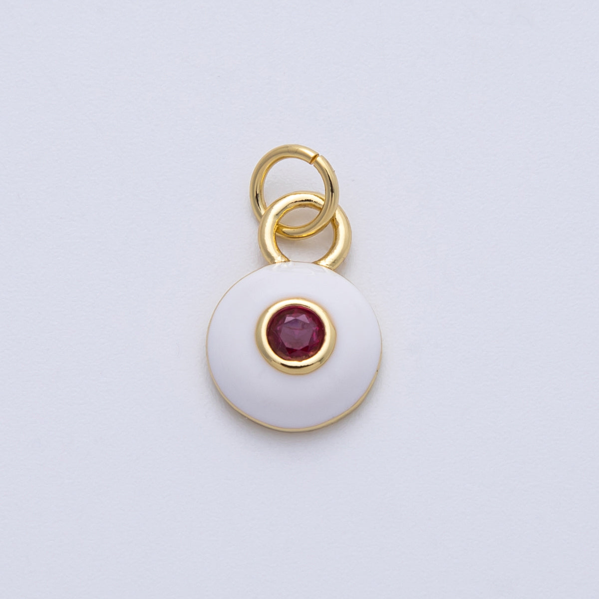 18K Gold Filled 13mm Red CZ White Enamel Bezel Round Mini Charm | Charms-00140