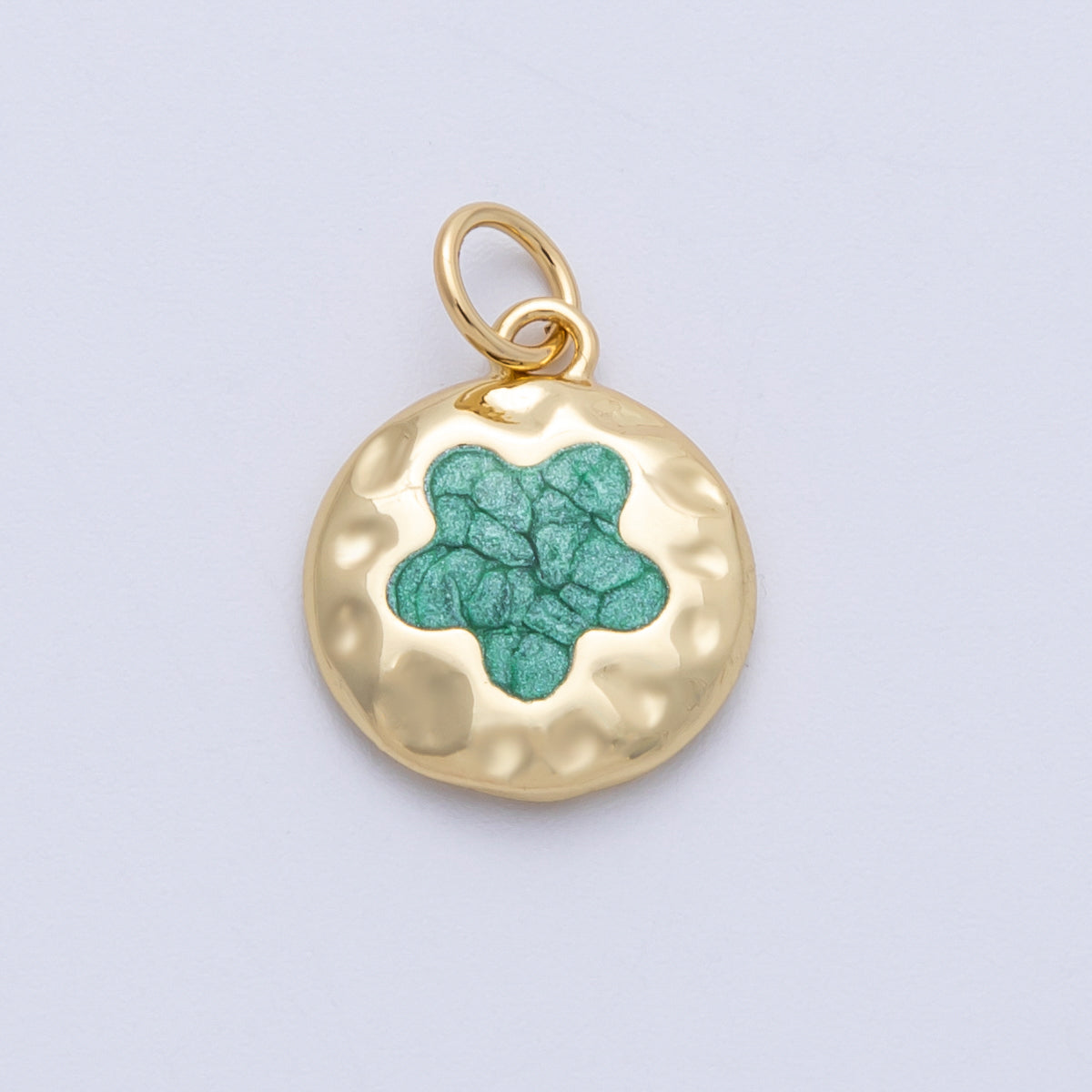 18K Gold Filled 15mm Green Flower Hammered Round Charm | Charms-00141
