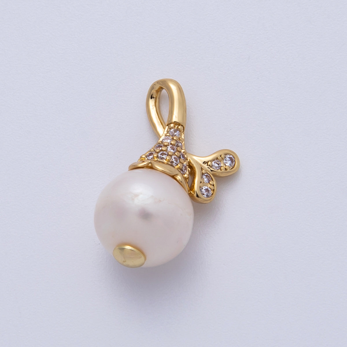 18K Gold Filled 20mm Micro Paved CZ Shell Pearl Button Plant Charm | Charms-00145