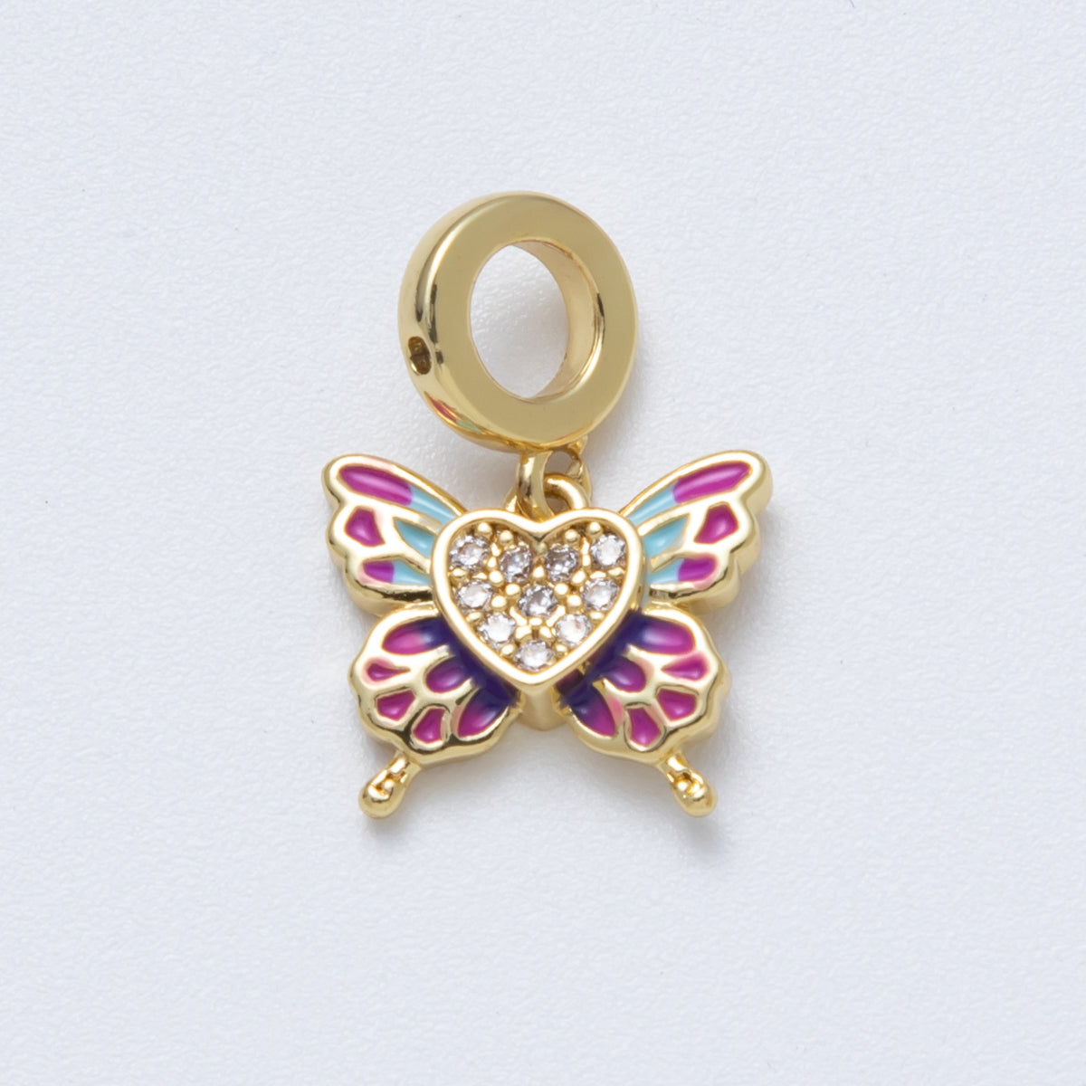 18K Gold Filled 14mm Micro Paved CZ Enamel Heart Butterfly Rondelle Drop Pendant | Charms-00147