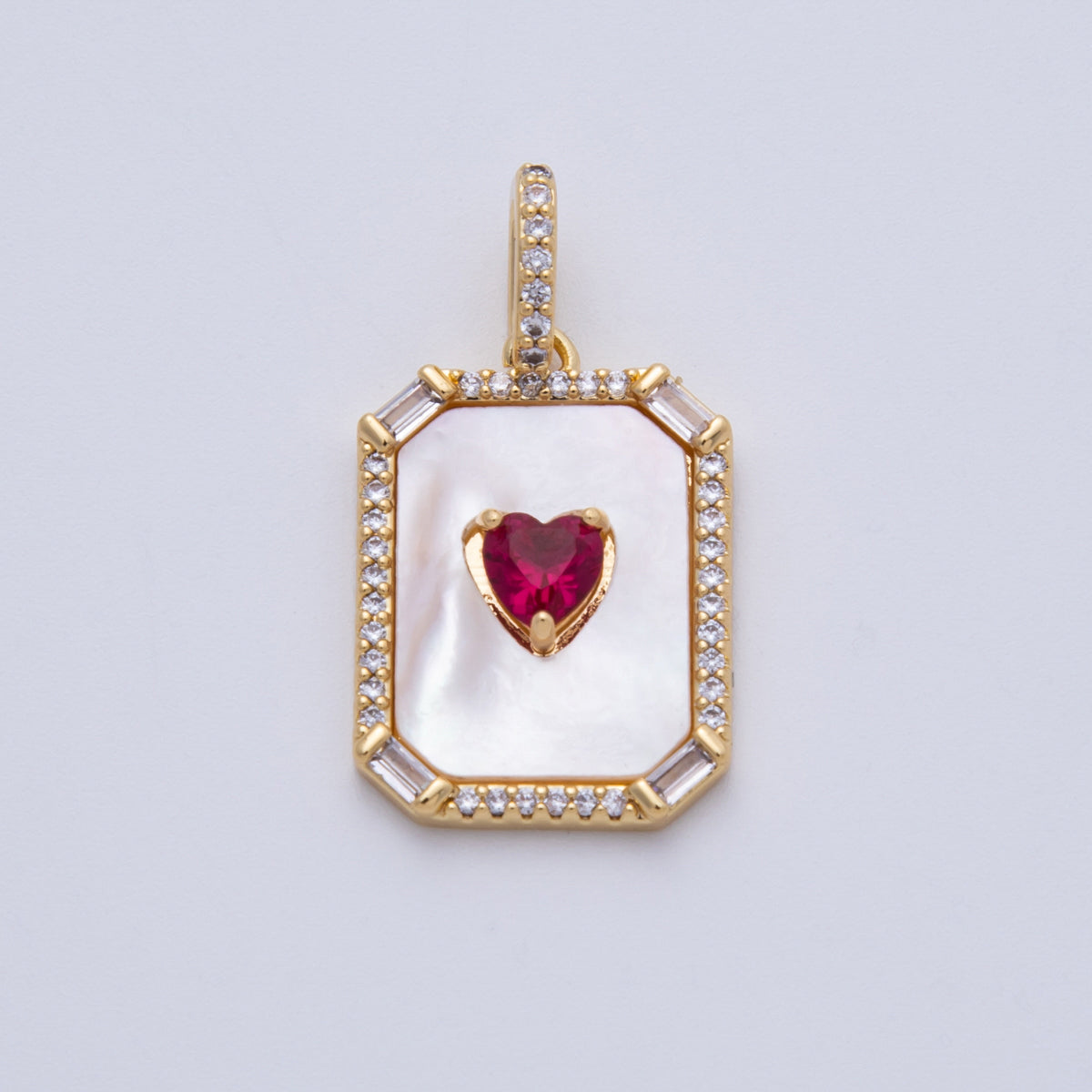 16K Gold Filled 21.5mm Red CZ Shell Pearl Rectangular Pendant | Charms-00167