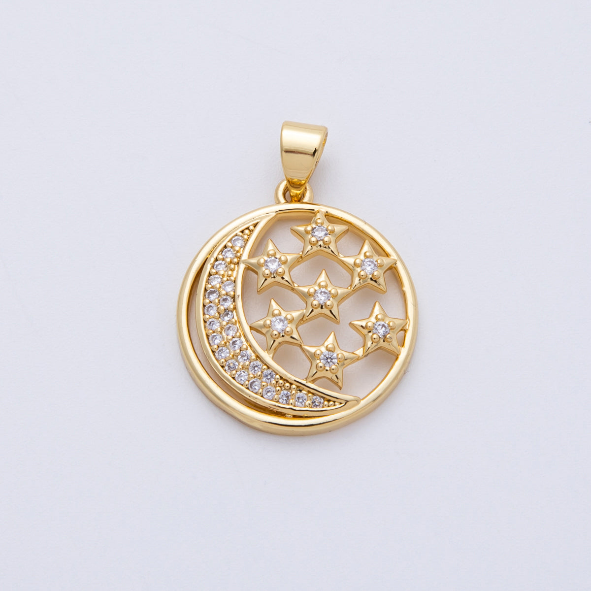 16K Gold Filled 21mm Micro Paved CZ Open Celestial Crescent Moon Star Round Pendant | Charms-00183