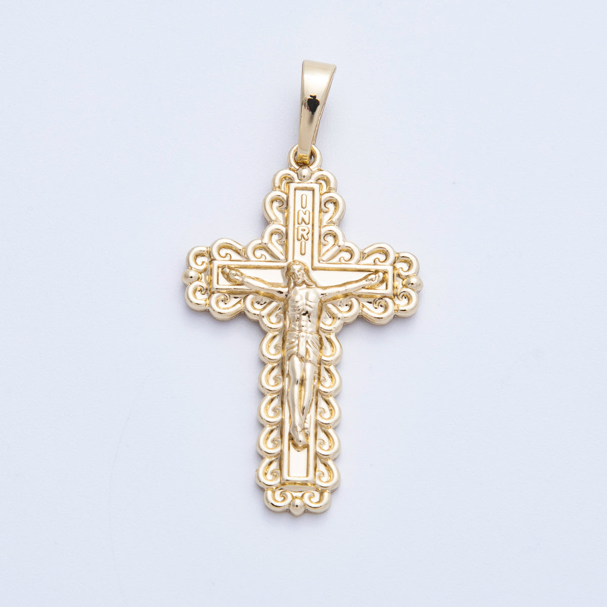 14K Gold Filled 30mm INRI Crucifix Cross Cloud Curved Artisan Religious Pendant | Charms-00211