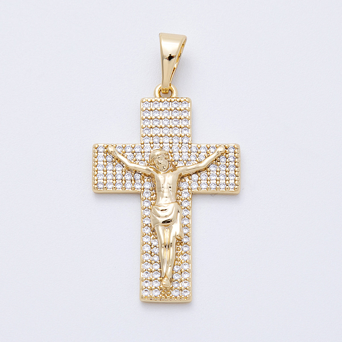 14K Gold Filled 35mm Wide Micro Paved CZ Jesus Crucifix Cross Religious Pendant | Charms-00221