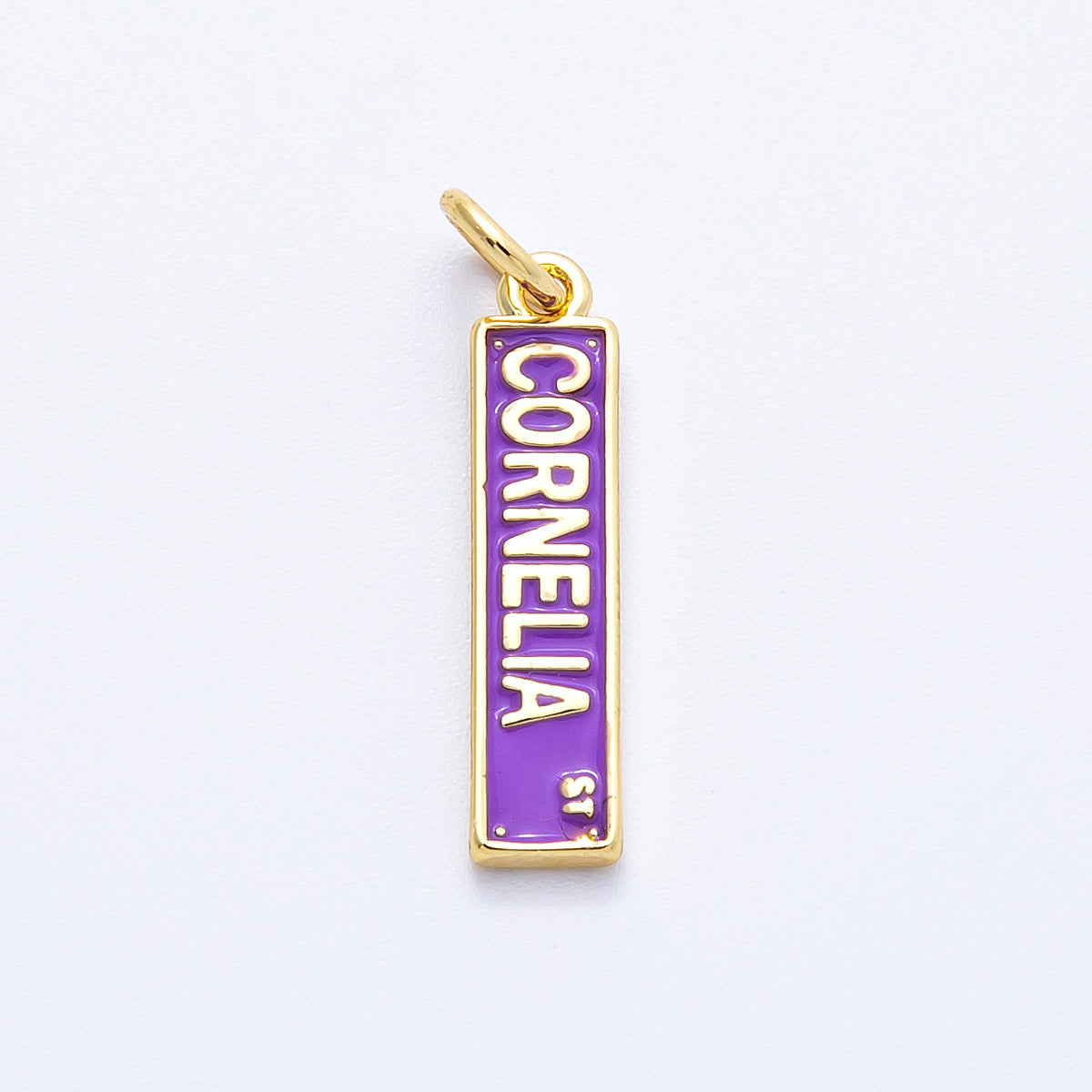 16K Gold Filled 20mm Green, Purple Enamel Cornelia Street NY Street Sign Charm | Charms-00251 Charms-00252