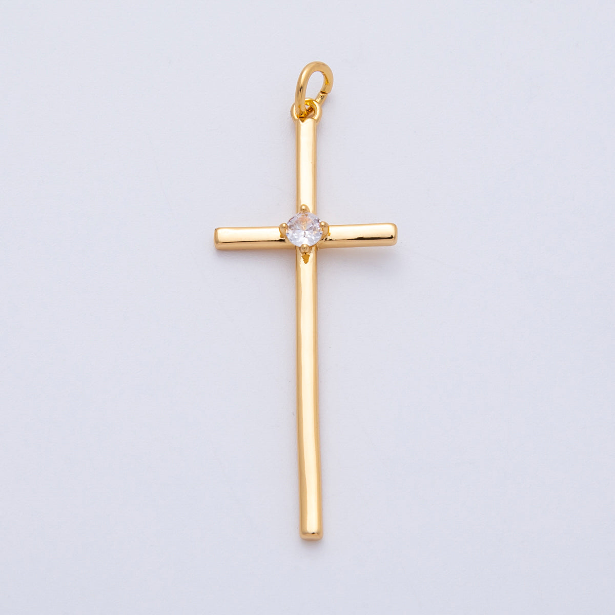 18K Gold Filled 41mm Clear CZ Religious Cross Minimalist Charm | Charms-00253