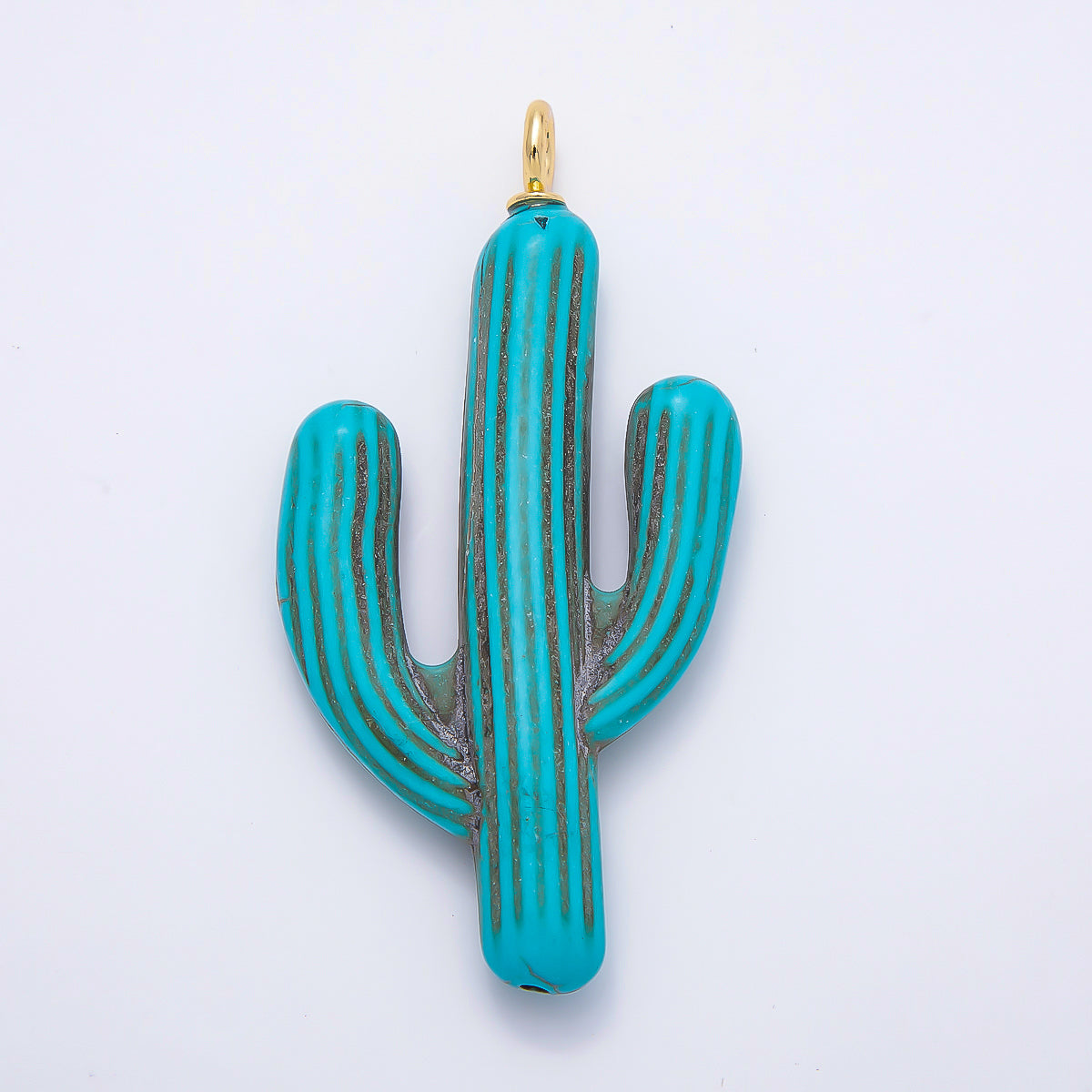 18K Gold Filled 67mm Turquoise Teal Enamel Cactus Plant Pendant | Charms-00356