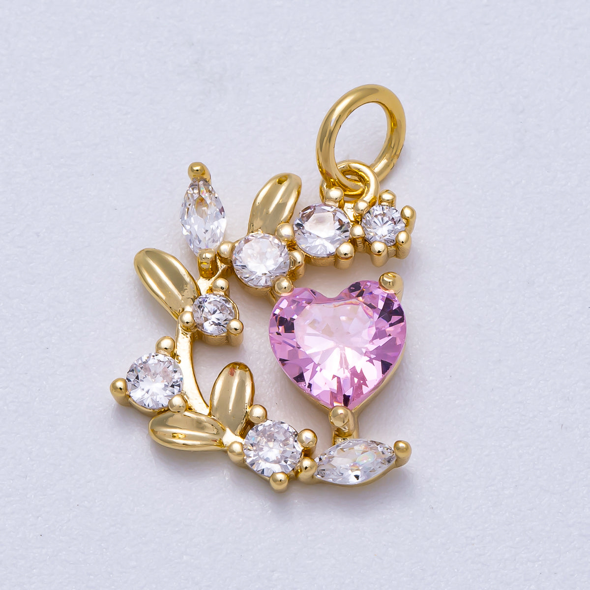 16K Gold Filled 16mm Pink Heart CZ Curved Leaf Flower Charm | Charms-00539