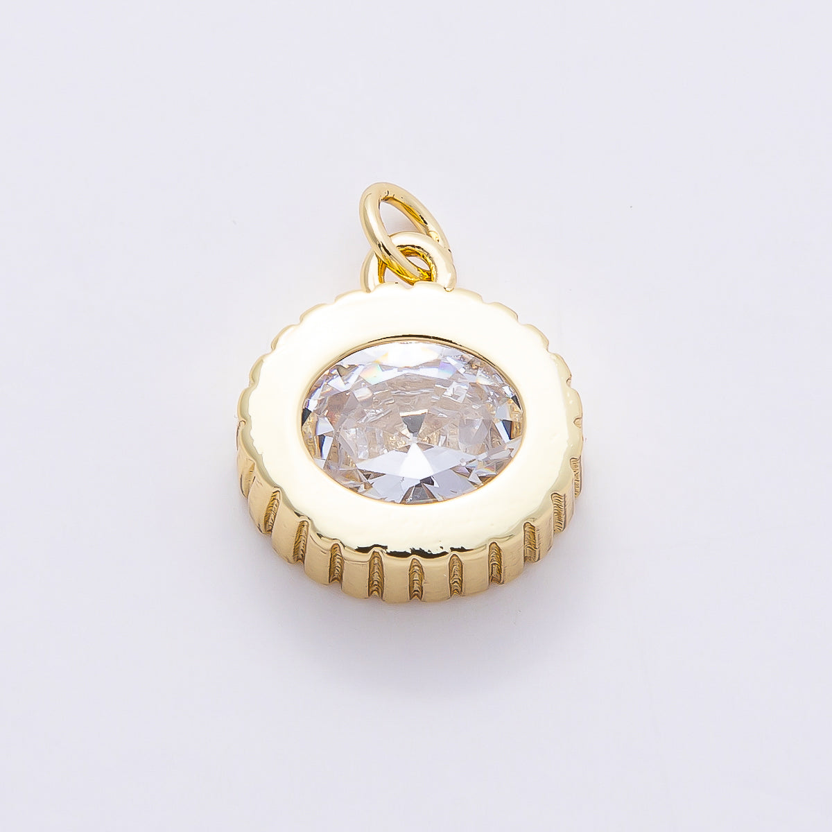 16K Gold Filled 16mm Clear CZ Ribbed Round Solitaire Charm | Charms-00758