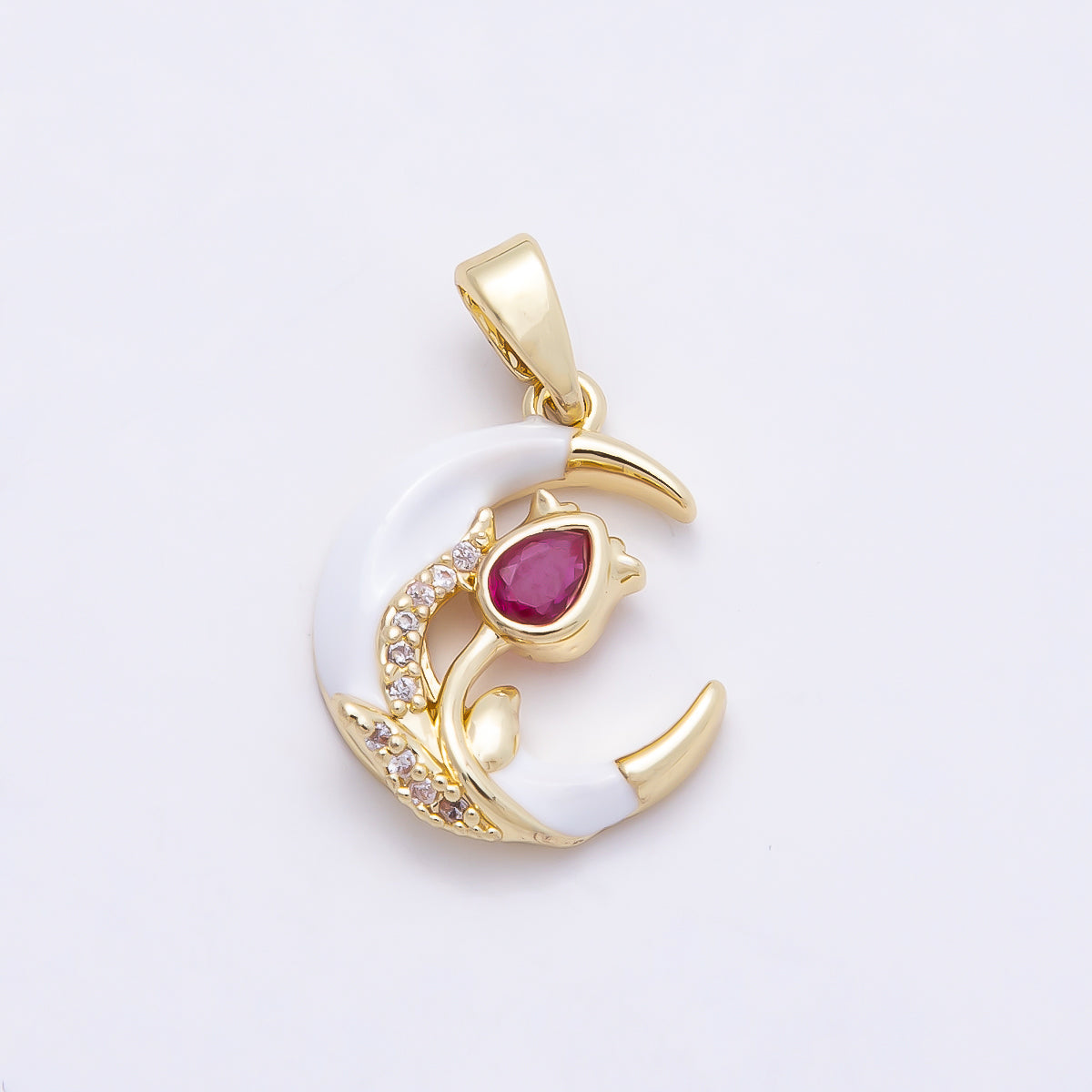 16K Gold Filled 17mm Fuchsia CZ Micro Paved Flower White Crescent Moon Pendant | Charms-00947