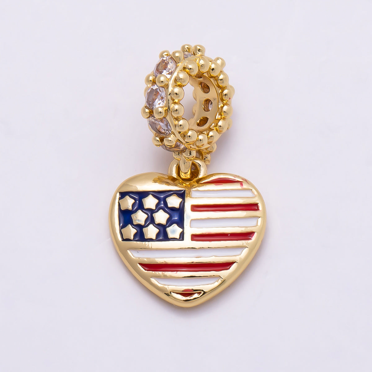 16K Gold Filled 13mm Micro Paved CZ Puffy Heart USA Flag Enamel Pendant | Charms-00961