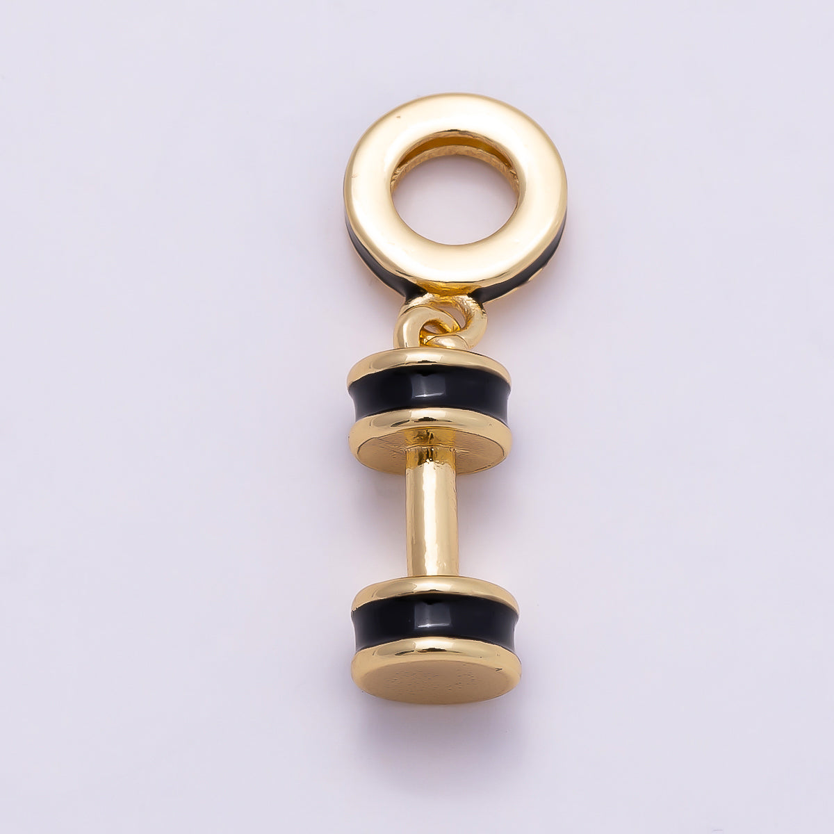 16K Gold Filled 14mm Black Enamel Dumbbell Fitness Drop Rondelle Pendant | Charms-00964