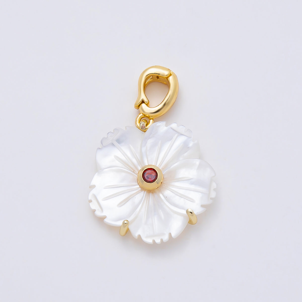 16K Gold Filled 20mm Birthstone CZ Mother of Pearl Flower Snap Drop Pendant | Charms-00965 ~ Charms-00976