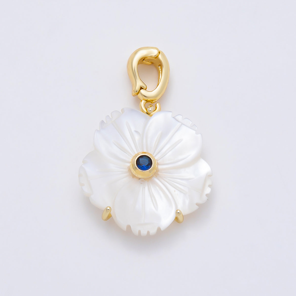 16K Gold Filled 20mm Birthstone CZ Mother of Pearl Flower Snap Drop Pendant | Charms-00965 ~ Charms-00976