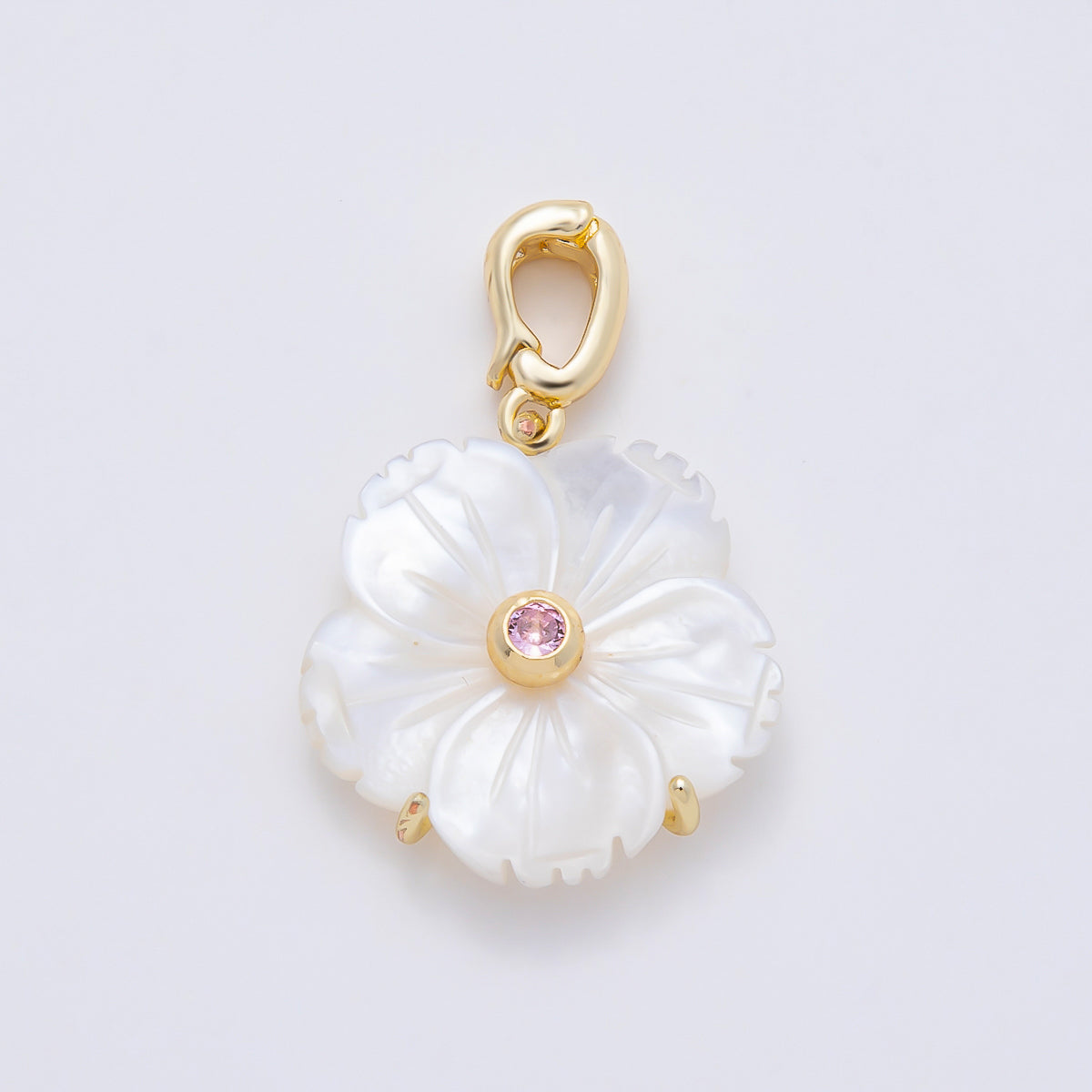16K Gold Filled 20mm Birthstone CZ Mother of Pearl Flower Snap Drop Pendant | Charms-00965 ~ Charms-00976