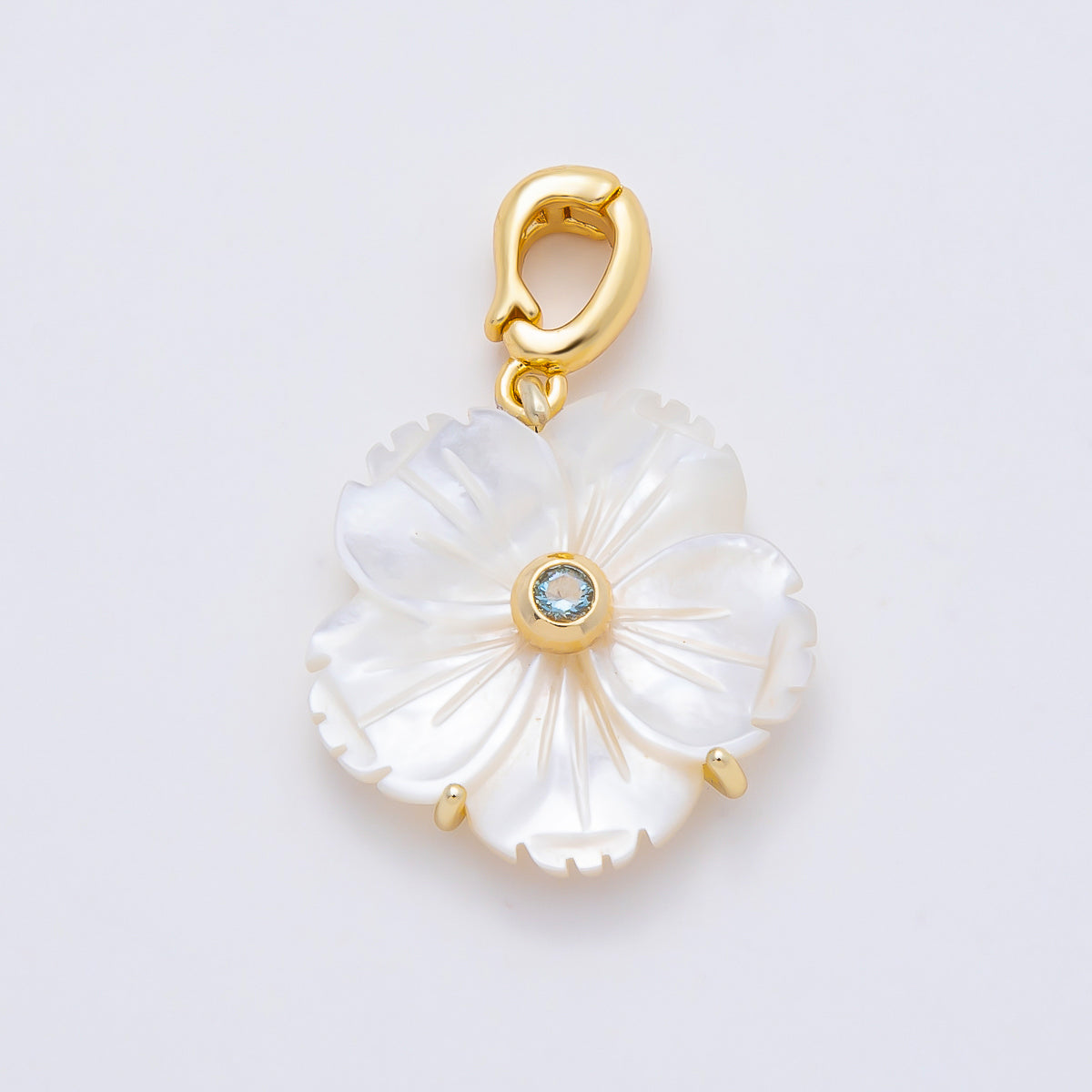 16K Gold Filled 20mm Birthstone CZ Mother of Pearl Flower Snap Drop Pendant | Charms-00965 ~ Charms-00976