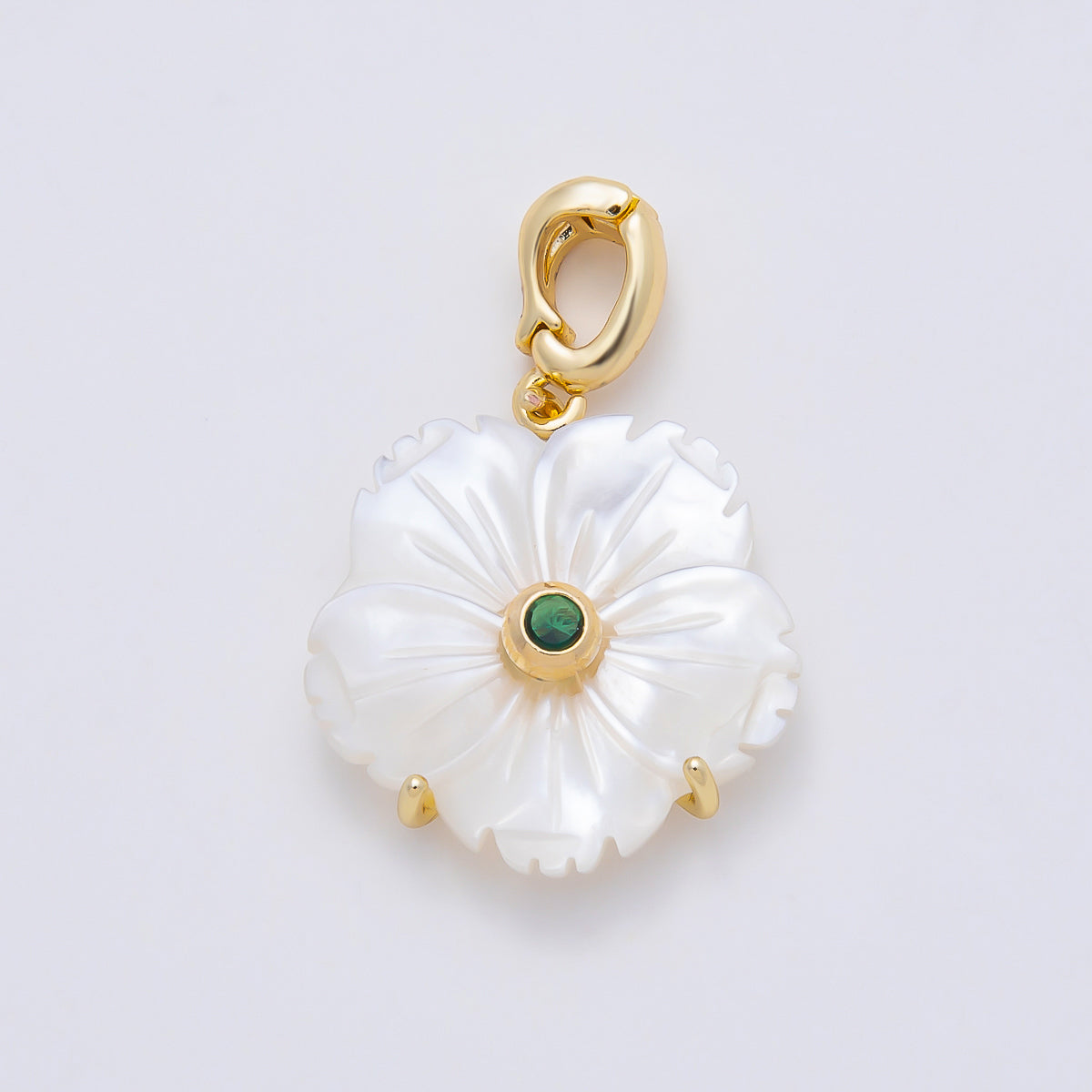 16K Gold Filled 20mm Birthstone CZ Mother of Pearl Flower Snap Drop Pendant | Charms-00965 ~ Charms-00976