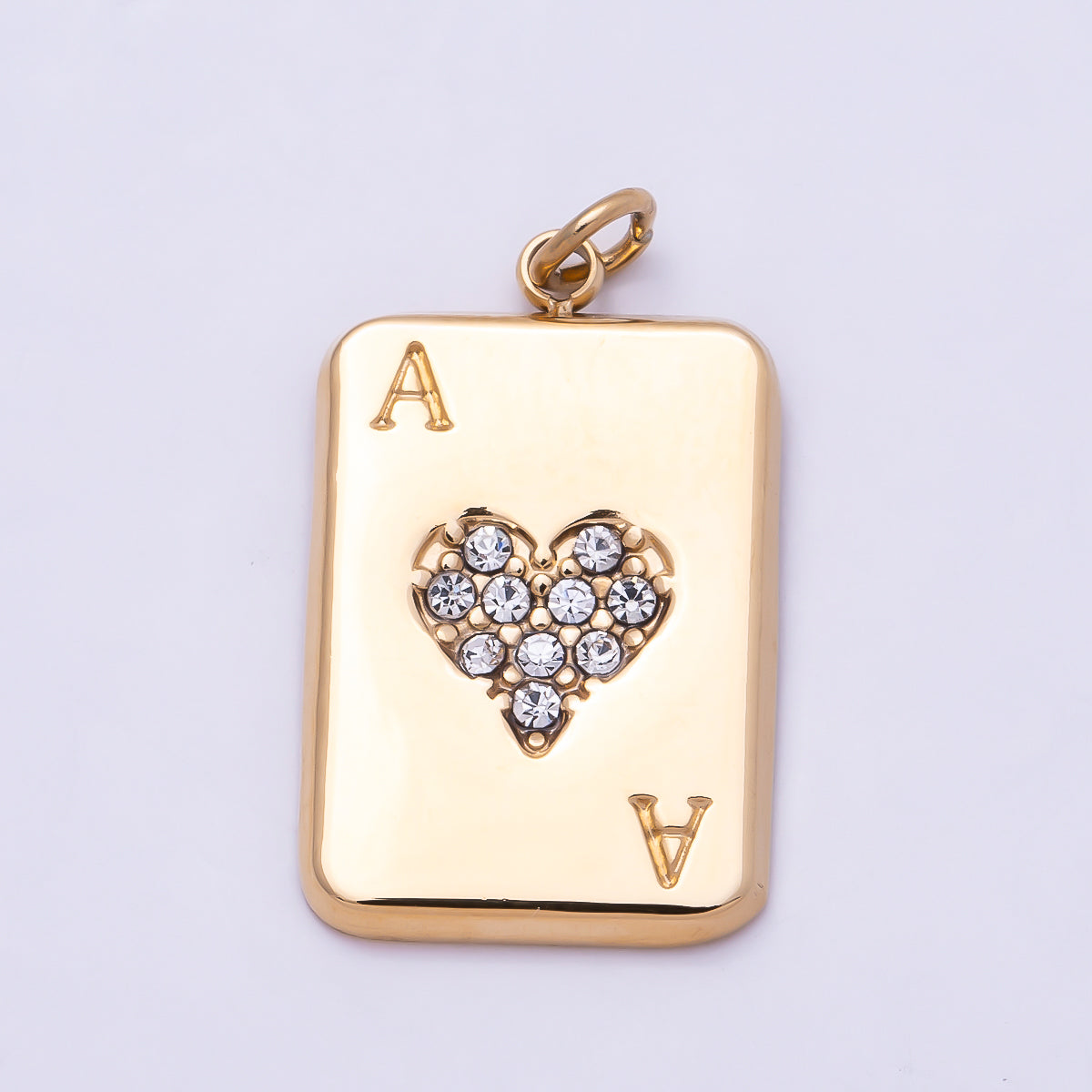 PVD Gold Stainless Steel 20mm Micro Paved CZ Ace of Heart Game Card Charm | Charms-01028