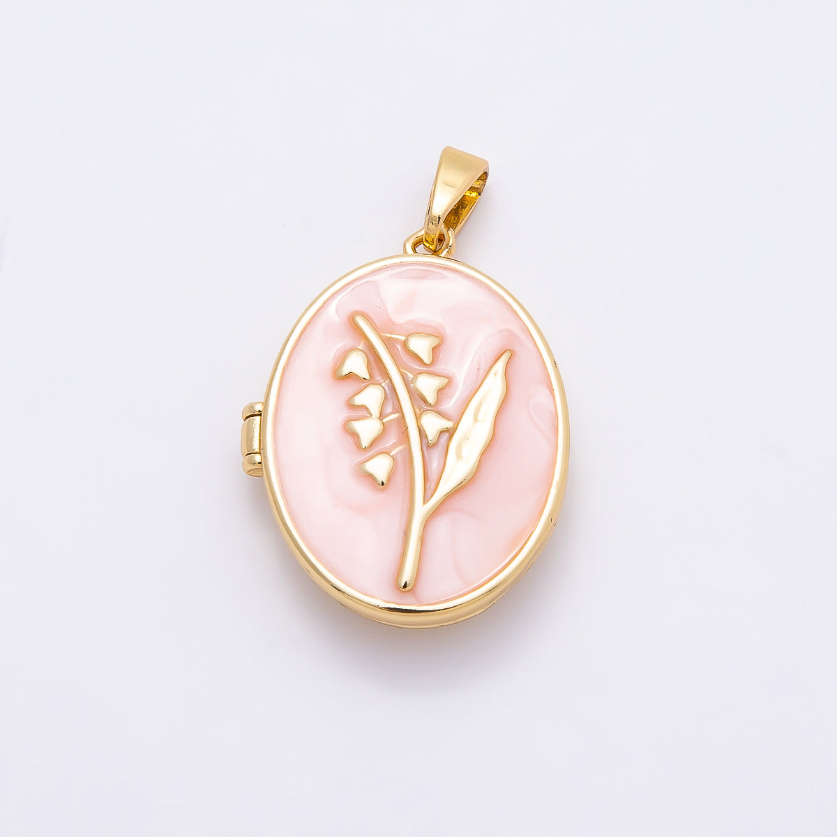 16K Gold Filled 24mm Pink, White Glitter Enamel Flower Oval Locket Pendant | Charms-01031 Charms-01032