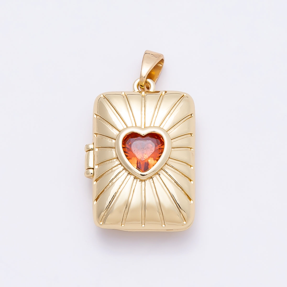 16K Gold Filled 22mm Red Heart CZ Sunburst Rectangle Locket Pendant | Charms-01035