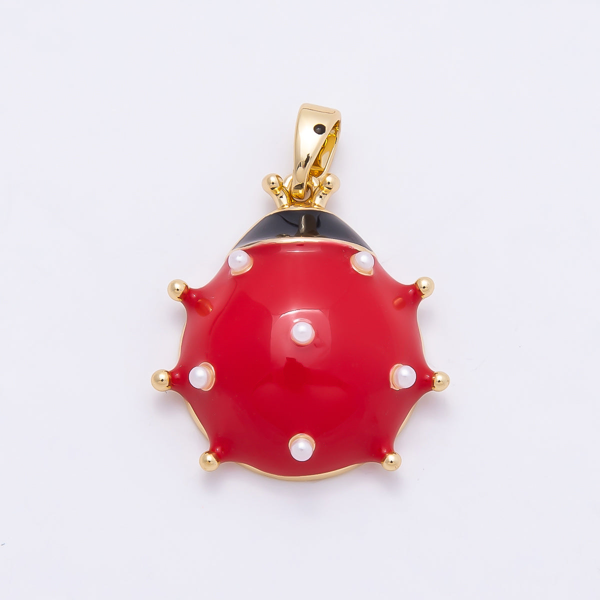 16K Gold Filled 21mm Red Enamel Shell Pearl Dotted Lady Bug Insect Animal Pendant | Charms-01038