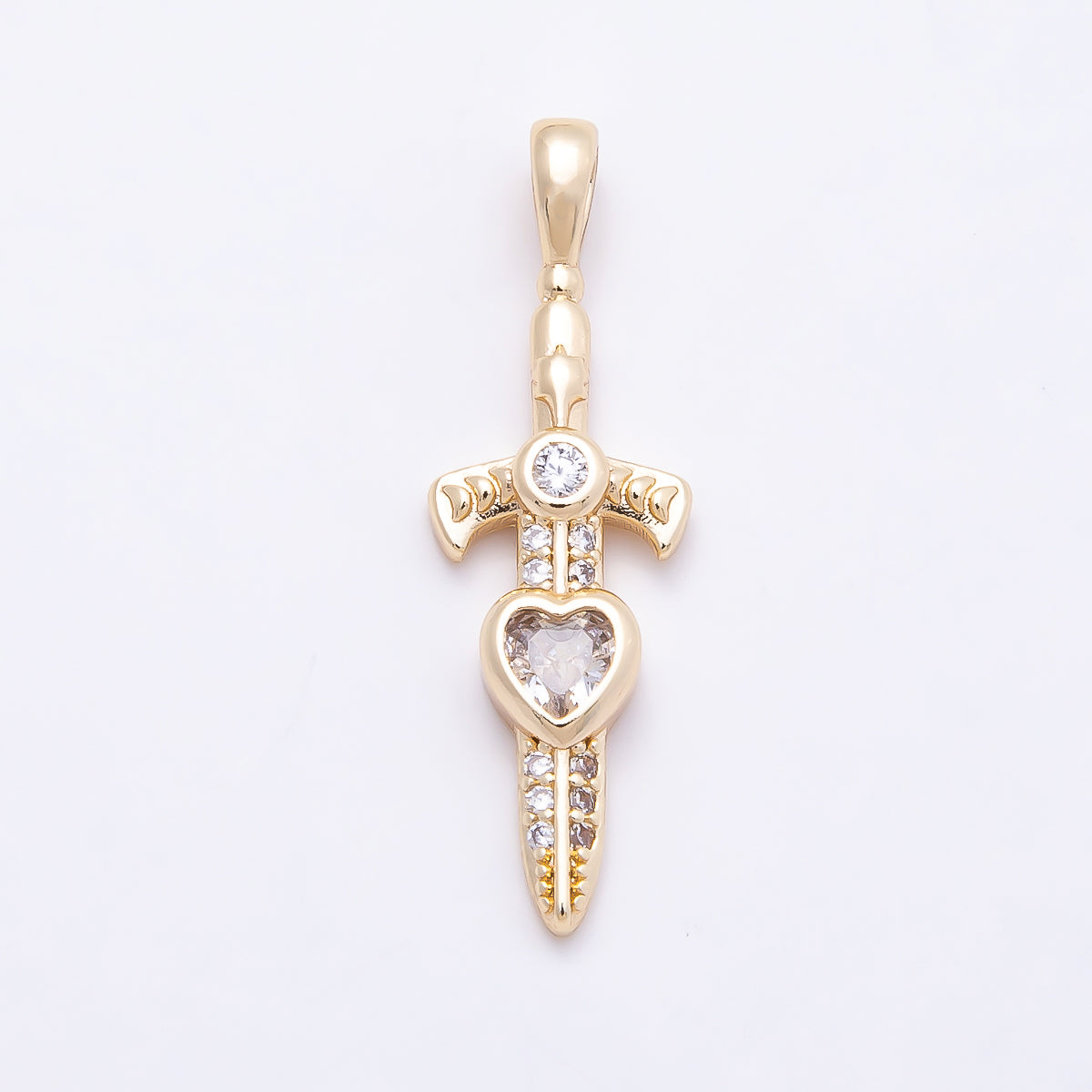 16K Gold Filled 27mm Clear Heart CZ Religious Cross Sword Pendant | Charms-01042