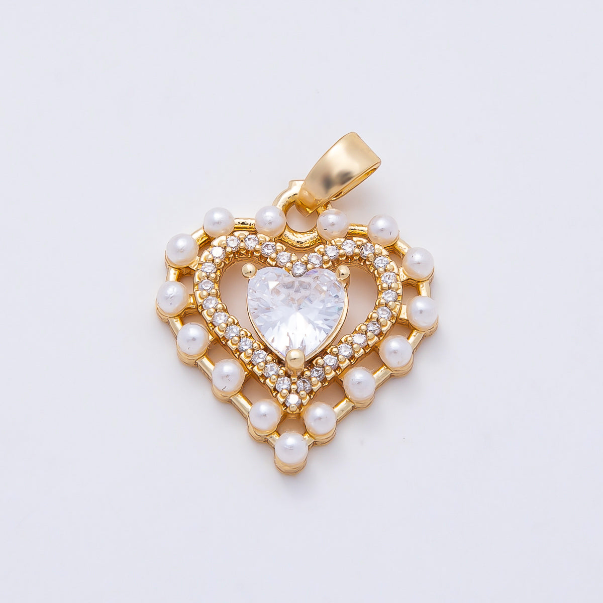 16K Gold Filled 19mm Shell Pearl Clear CZ Micro Paved Open Heart Pendant | Charms-01054
