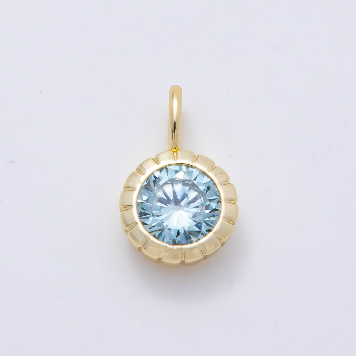 16K Gold Filled 17mm Birthstone Round CZ Ribbed Bezel Mini Pendant | Charms-01113 ~ Charms-01124