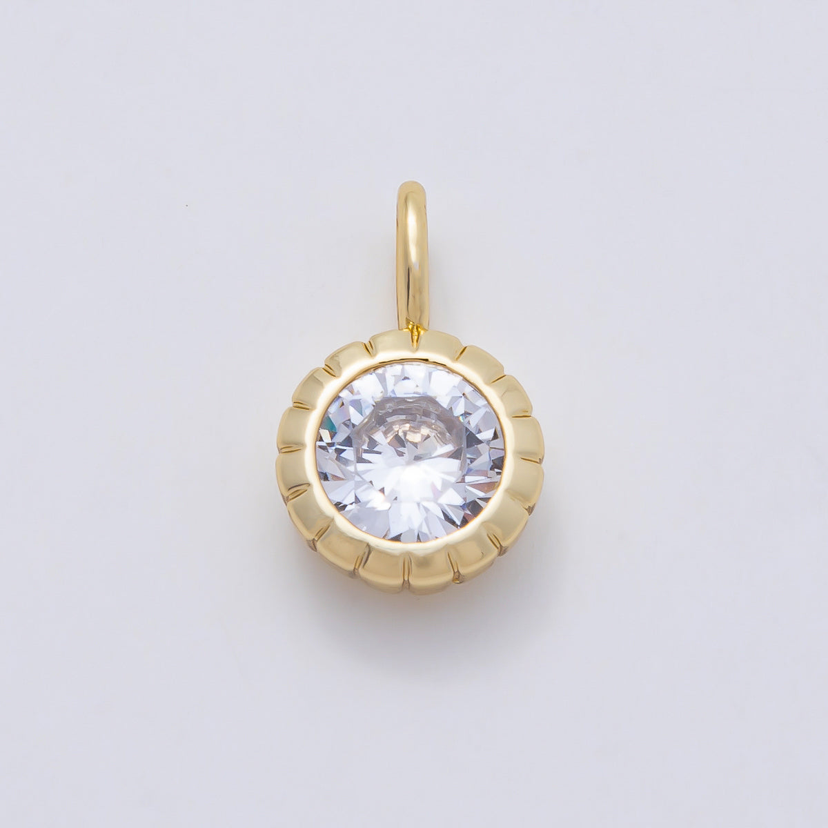 16K Gold Filled 17mm Birthstone Round CZ Ribbed Bezel Mini Pendant | Charms-01113 ~ Charms-01124