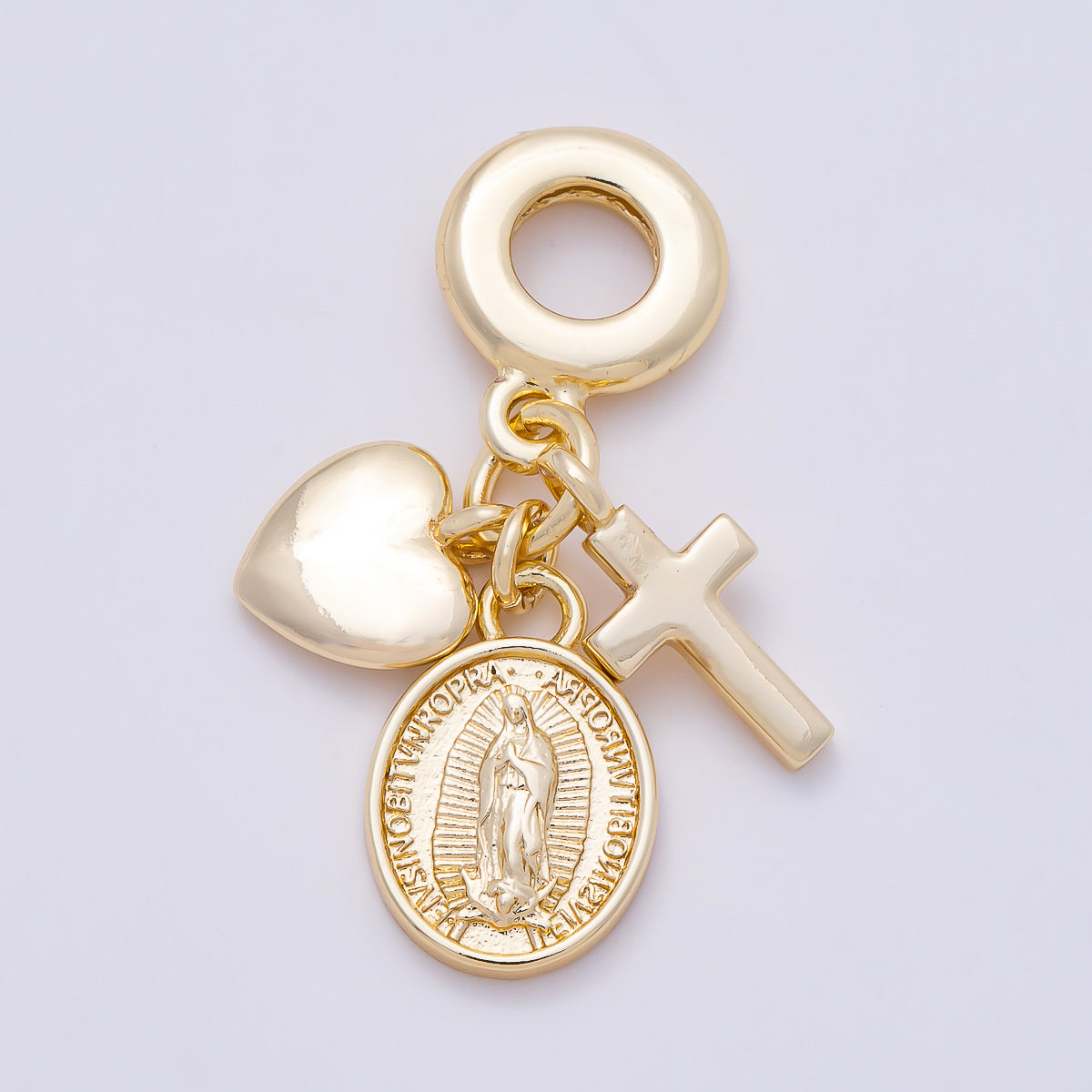 16K Gold Filled 32mm Religious Heart Cross Mother Mary Sunburst Latin Prayer Drop Rondelle Pendant | Charms-01154