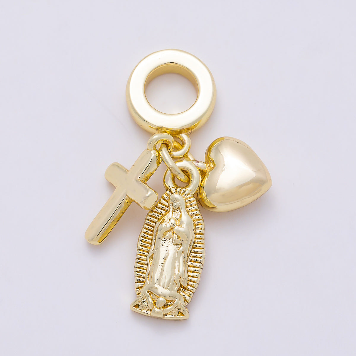 16K Gold Filled 27mm Religious Chubby Heart Cross Mother Mary Sunburst Drop Rondelle Pendant | Charms-01155