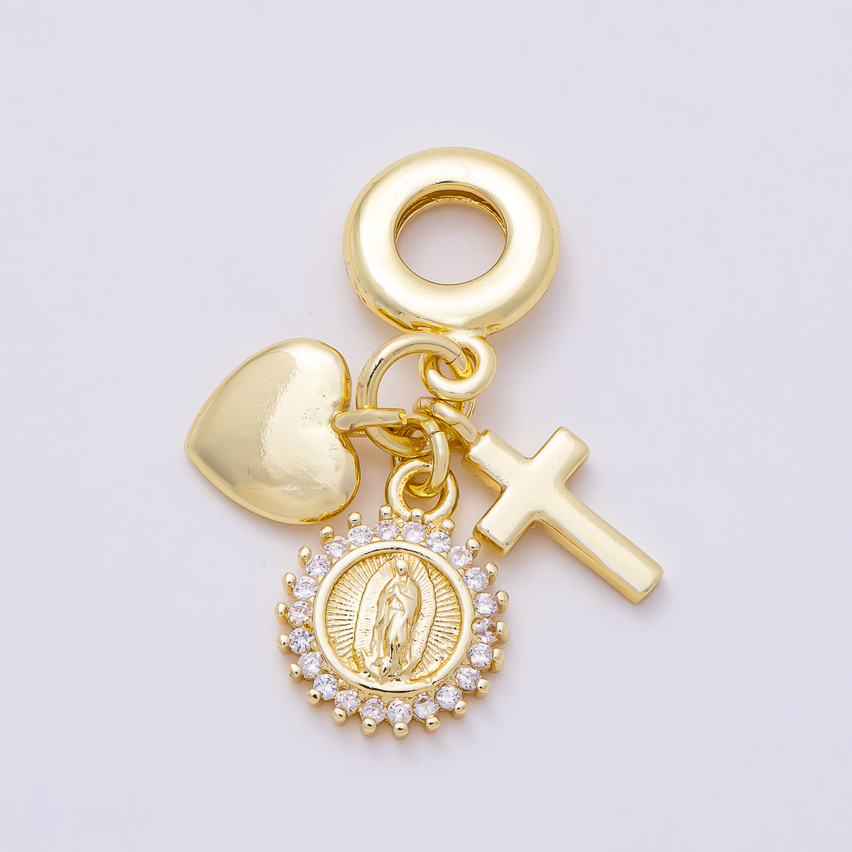16K Gold Filled 31mm Religious Heart Cross Mother Mary CZ Round Drop Rondelle Pendant | Charms-01157