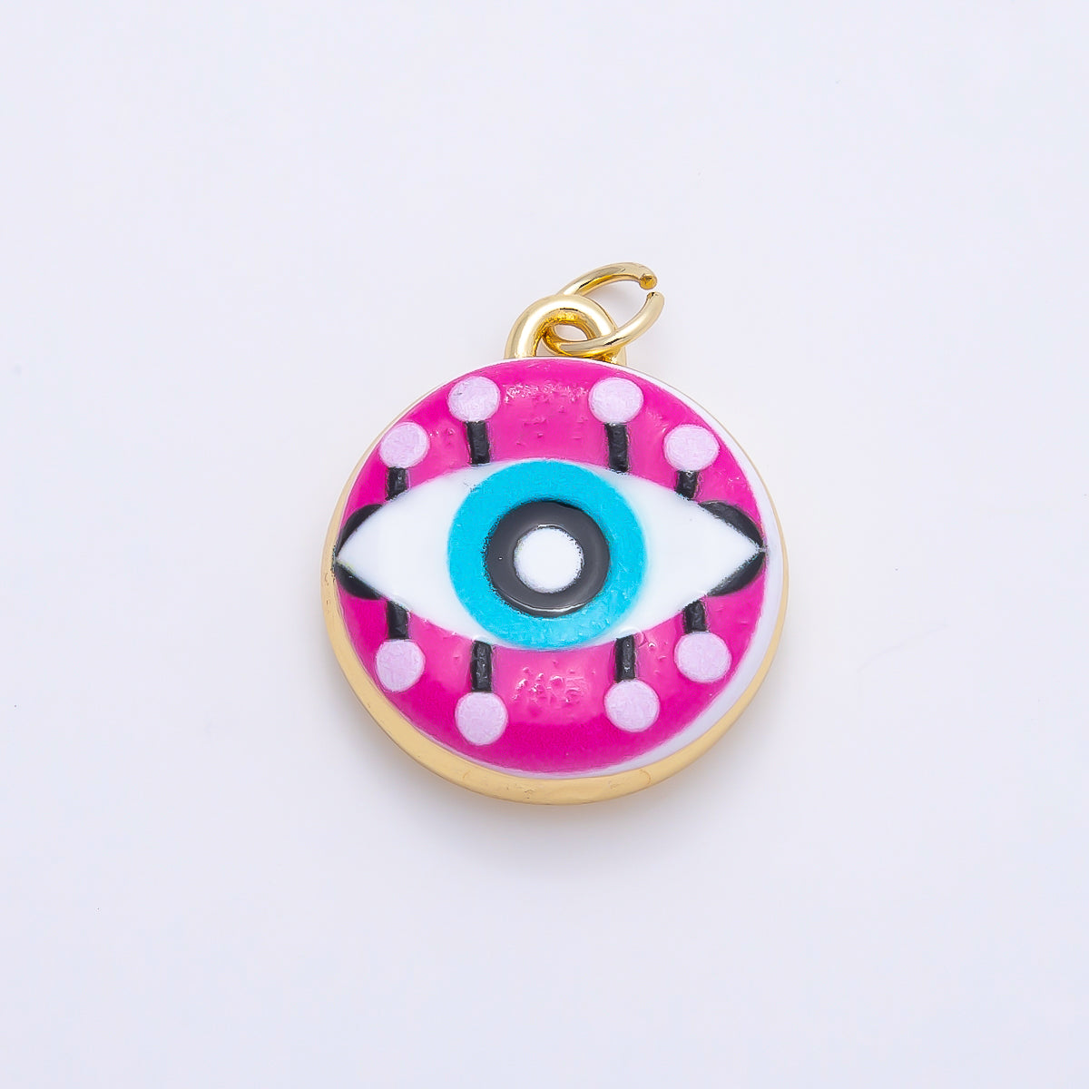 16K Gold Filled 20mm Blue Pink Evil Eye Enamel Round Charm | Charms-01241