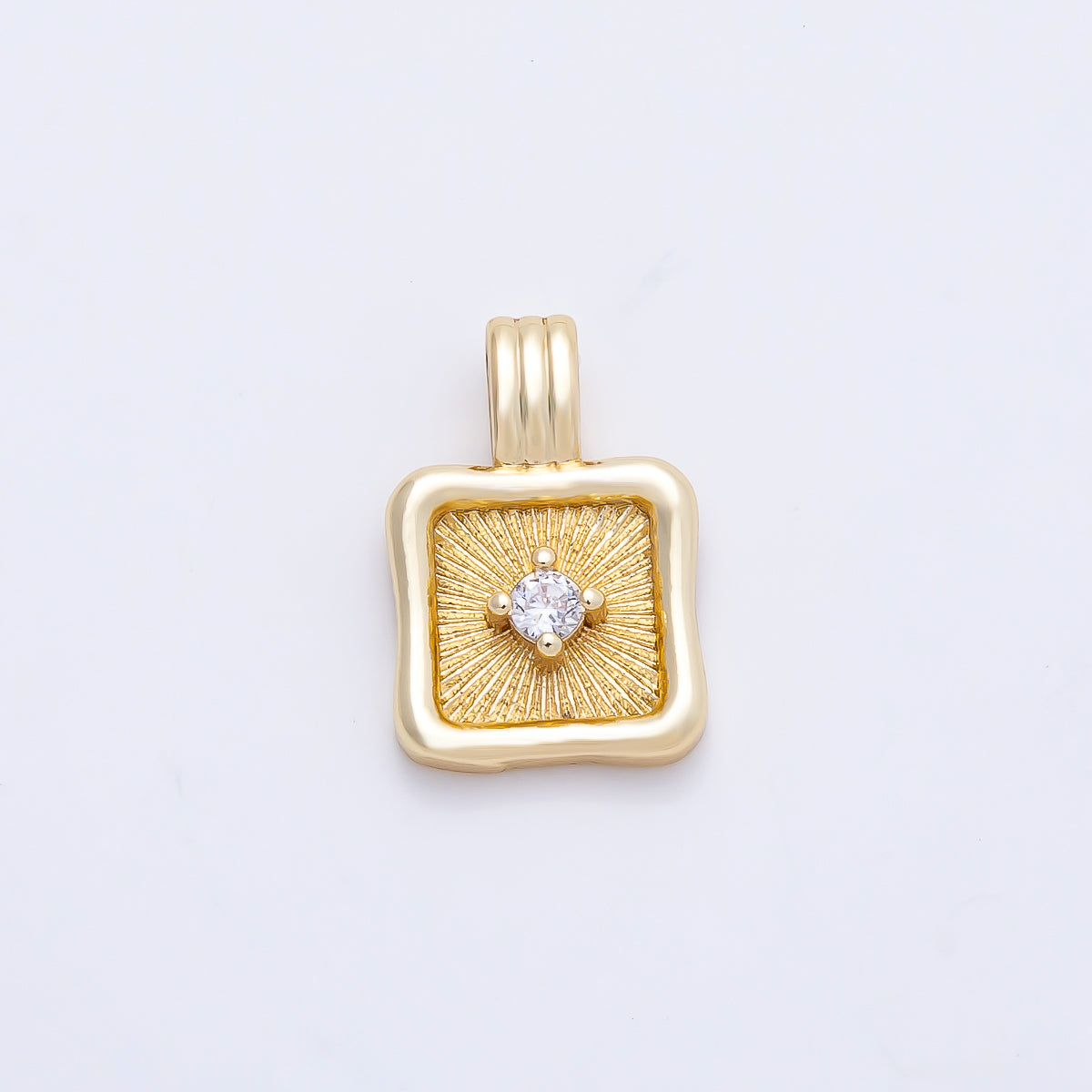 16K Gold Filled 16mm Clear CZ Sunburst Molten Bezel Square Pendant | Charms-01249