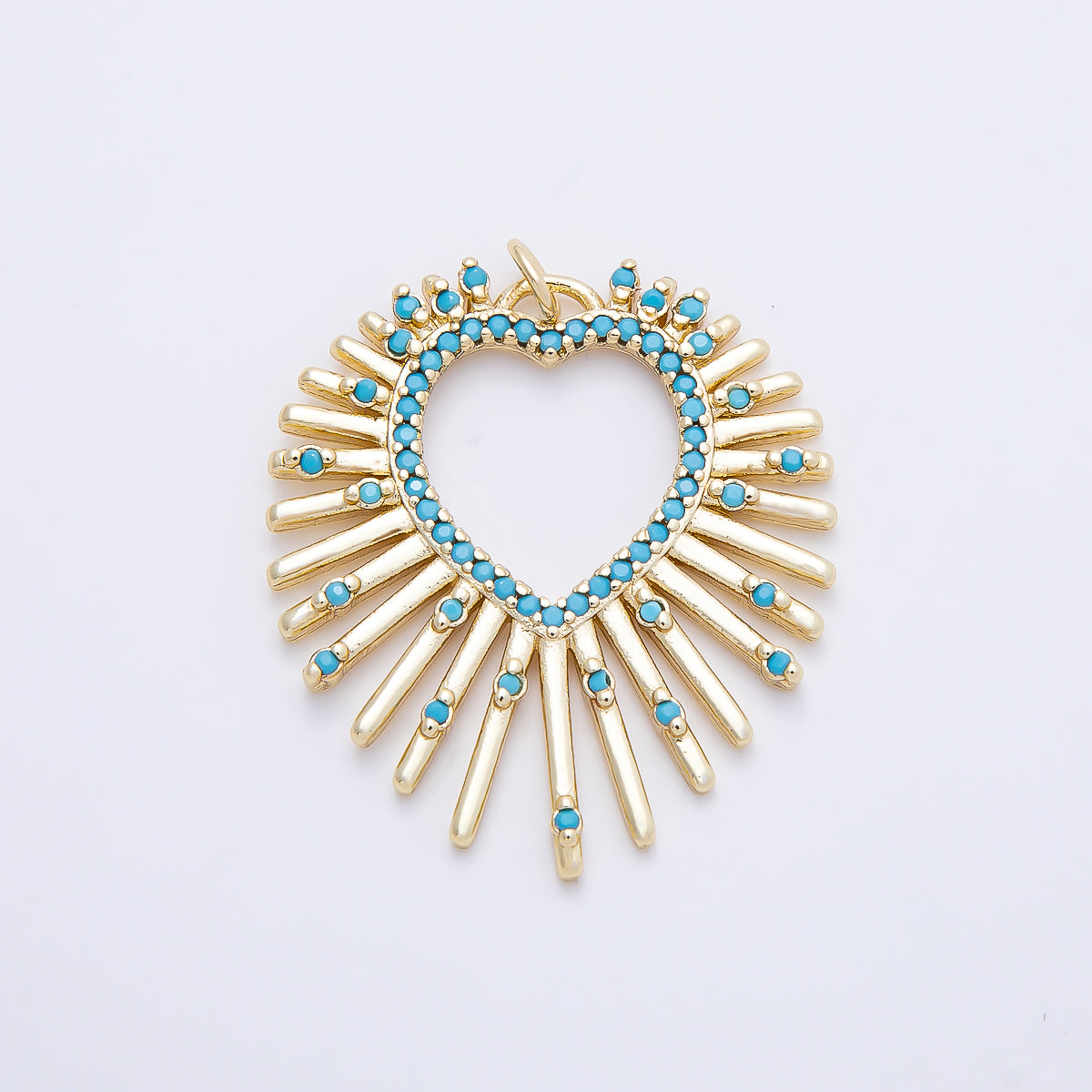 16K Gold Filled 35mm Turquoise Dotted Micro Paved Sunburst Heart Charm | Charms-01253
