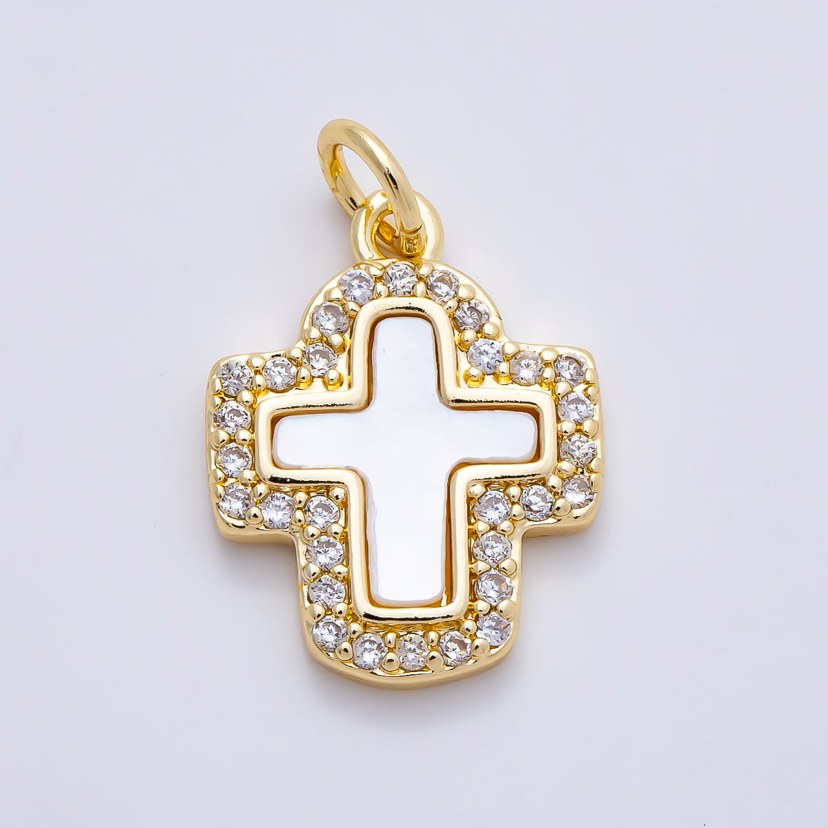 16K Gold Filled 16.5mm Shell Pearl Micro Paved CZ Cross Charm in Gold & Silver | Charms-01257