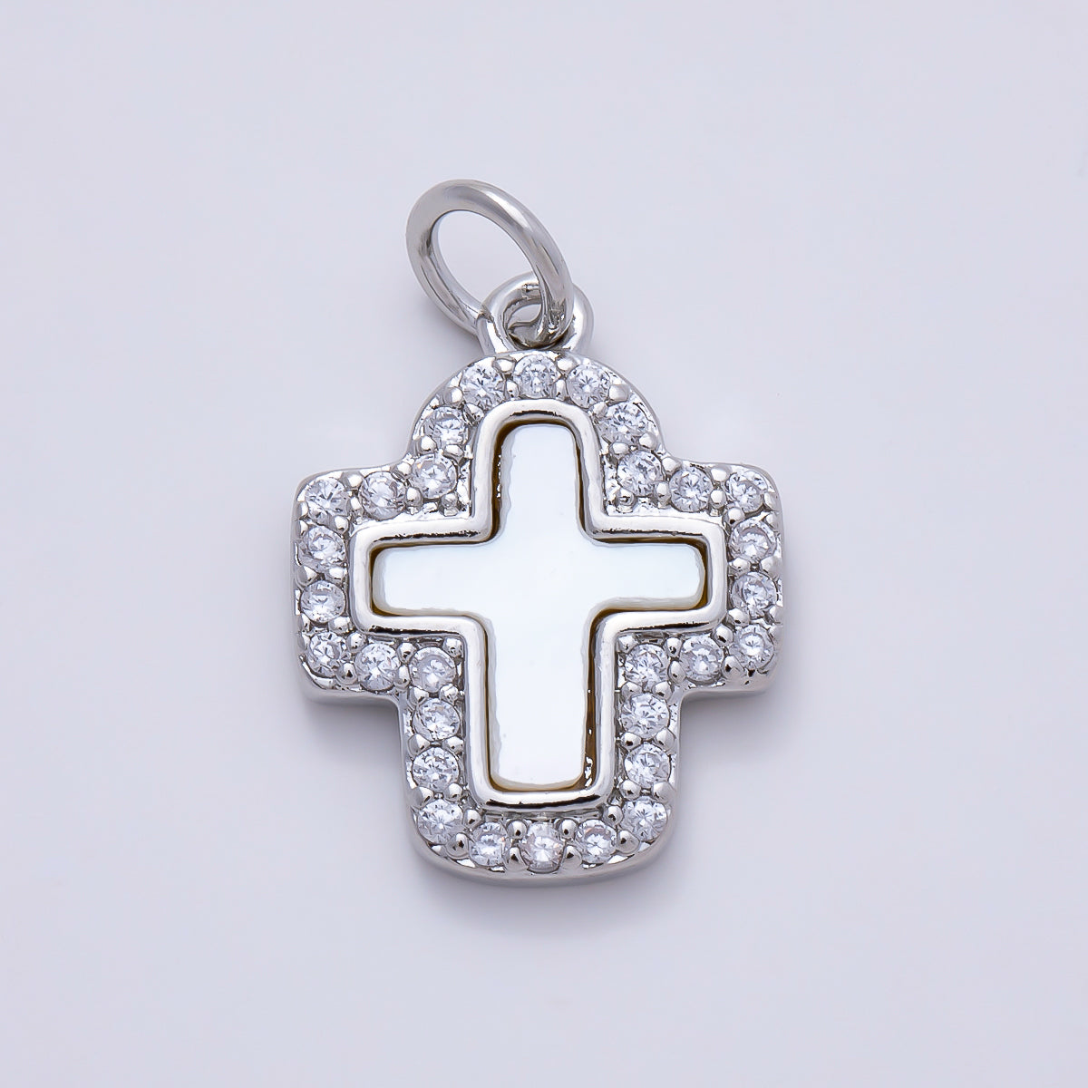 16K Gold Filled 16.5mm Shell Pearl Micro Paved CZ Cross Charm in Gold & Silver | Charms-01257