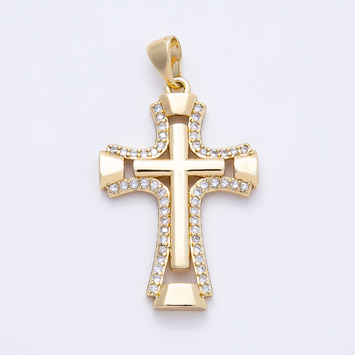 14K Gold Filled 33mm Micro Paved CZ Double Open Flared Cross Pendant | Charms-01261