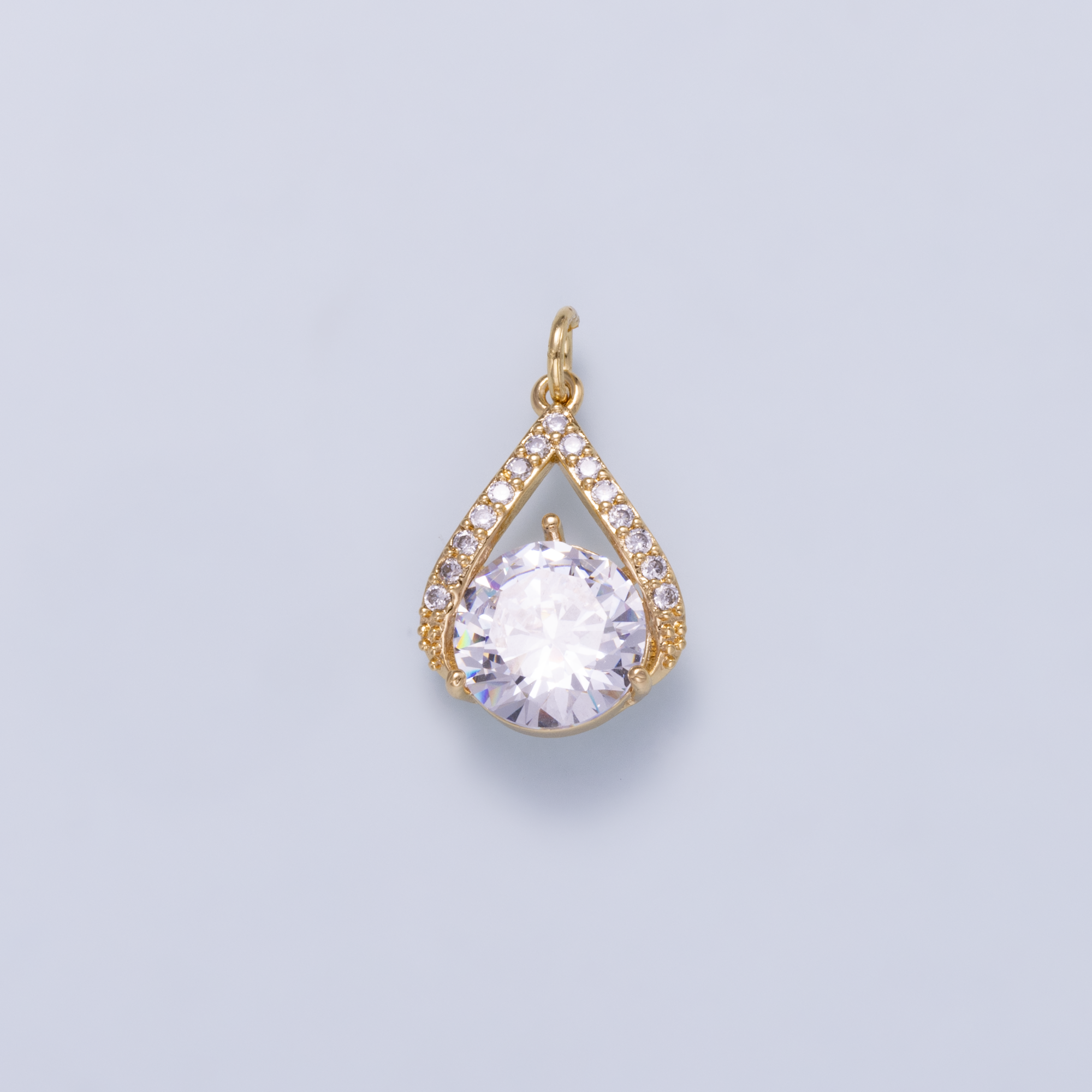 16K Gold Filled 19mm Clear CZ Round Micro Paved Teardrop Open Solitaire Charm | Charms-01267