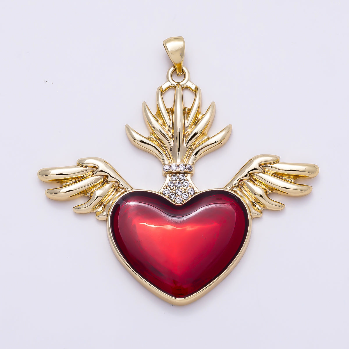 16K Gold Filled 42mm Micro Paved CZ Red Sacred Heart Wings Religious Pendant | Charms-01277