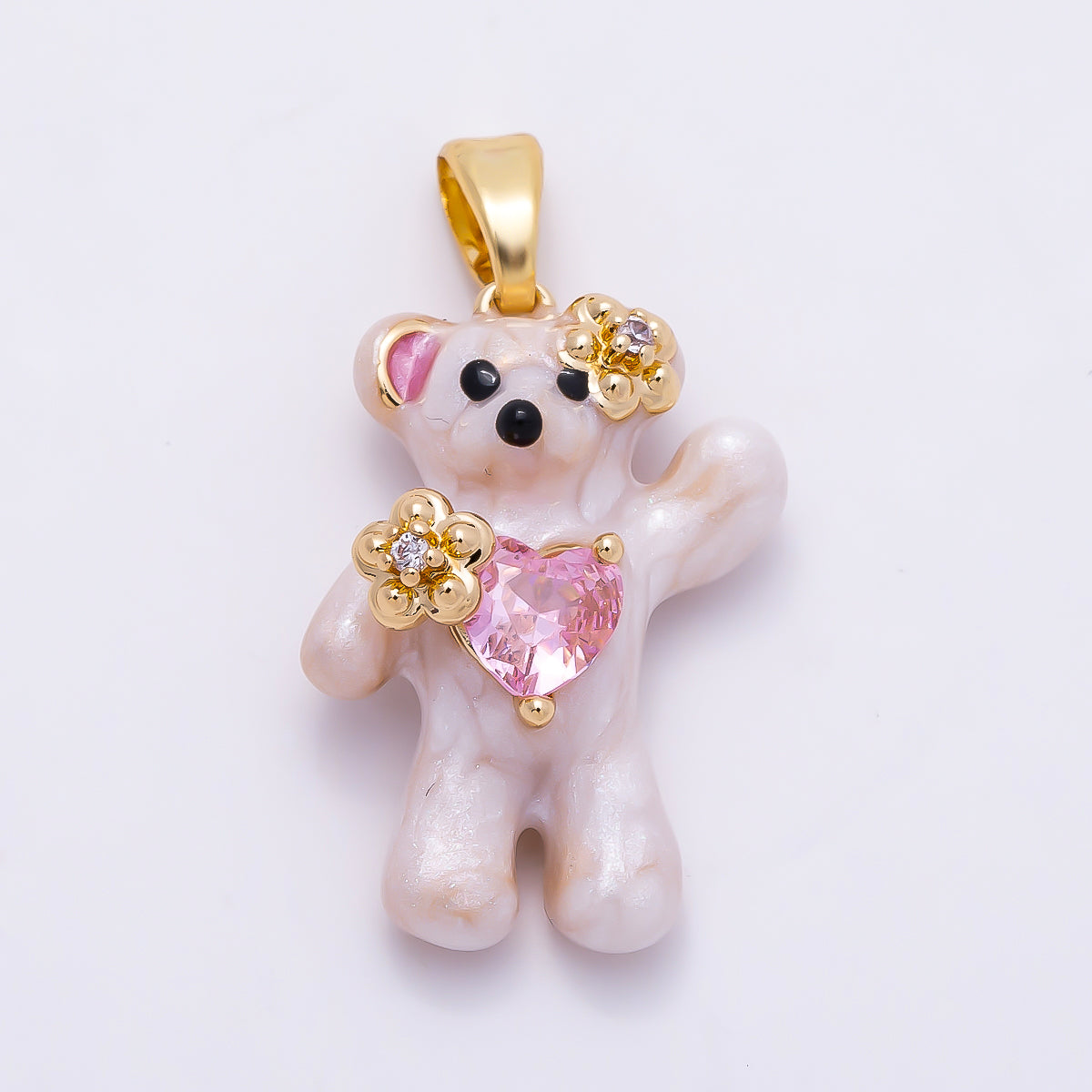 16K Gold Filled 21mm CZ Enamel Pink Heart Flower Teddy Bear Pendant | Charms-01279