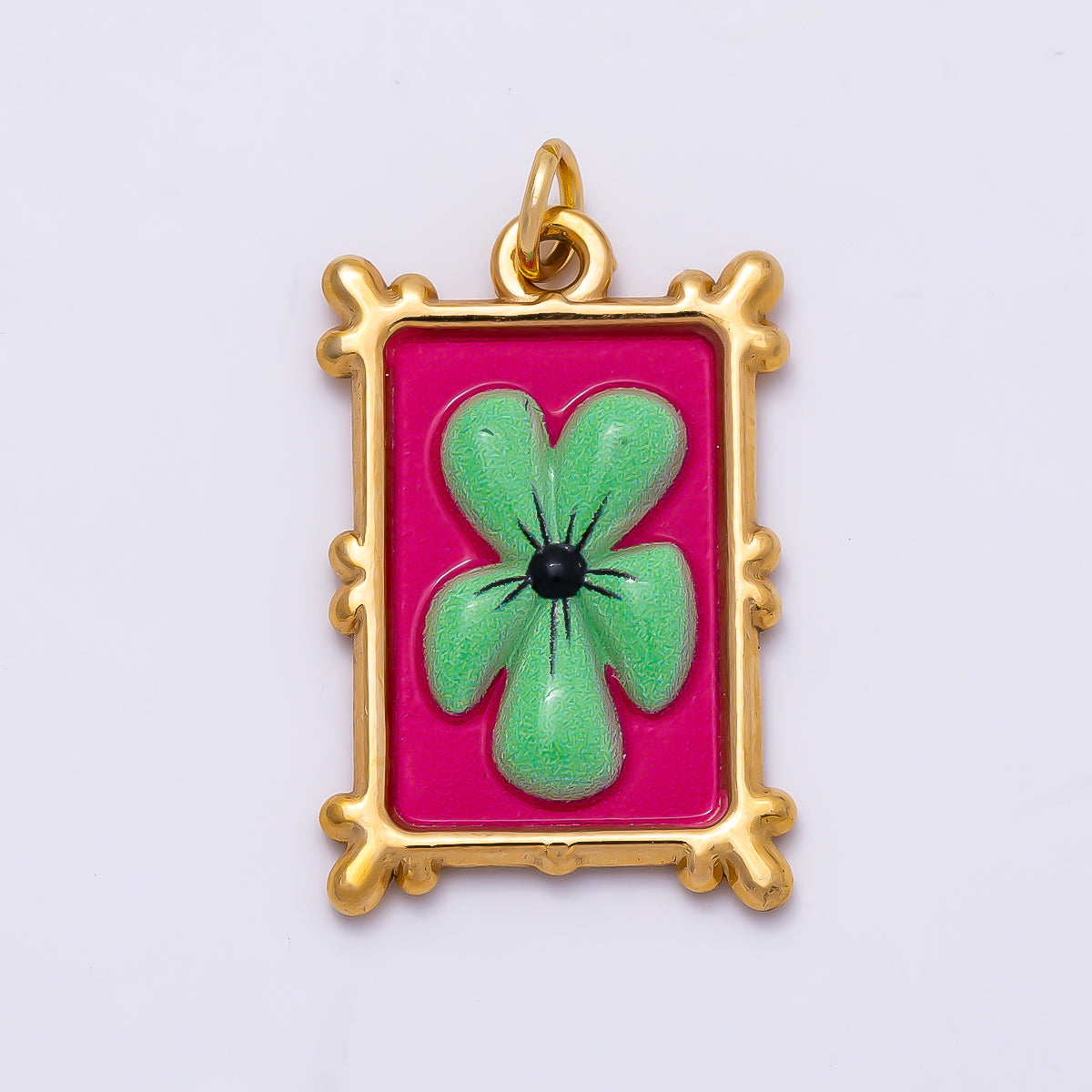 PVD Gold Stainless Steel 25mm Enamel Clover Flower Bezel Rectangle Charm | Charms-01325