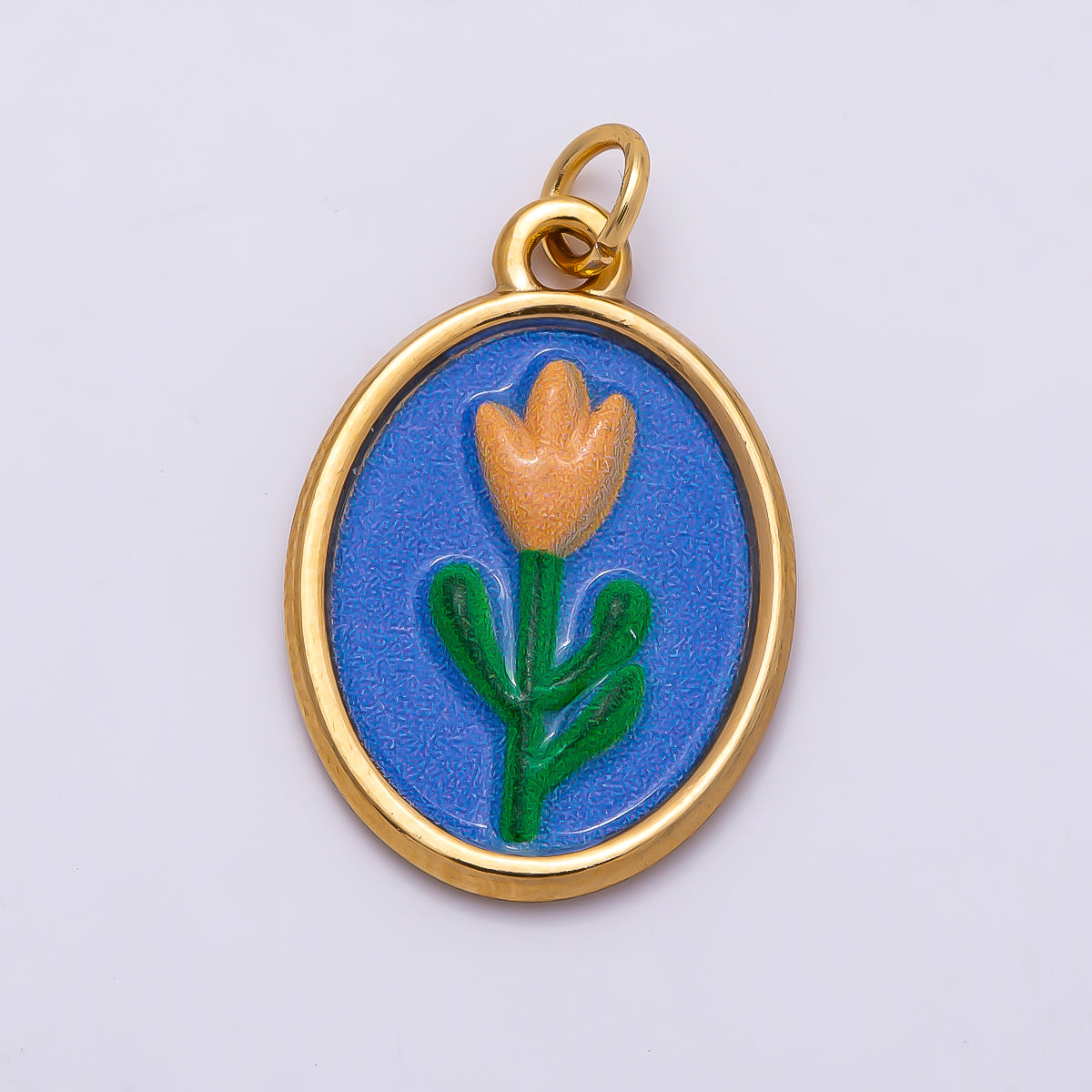 PVD Gold Stainless Steel 22mm Blue Enamel Tulip Flower Oval Charm | Charms-01343